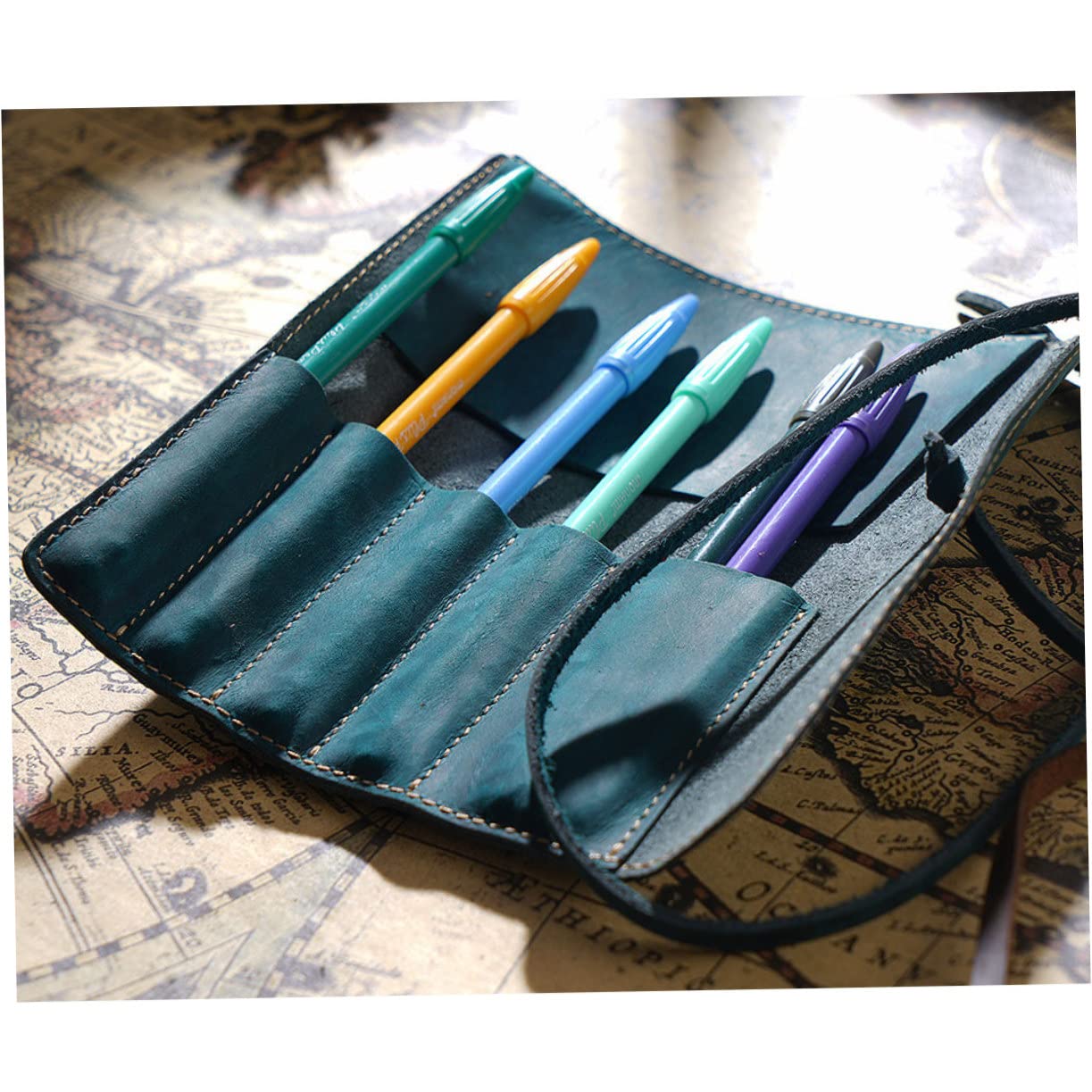 Estuche Enrollable de Cuero para Pluma Estilográfica, Azul