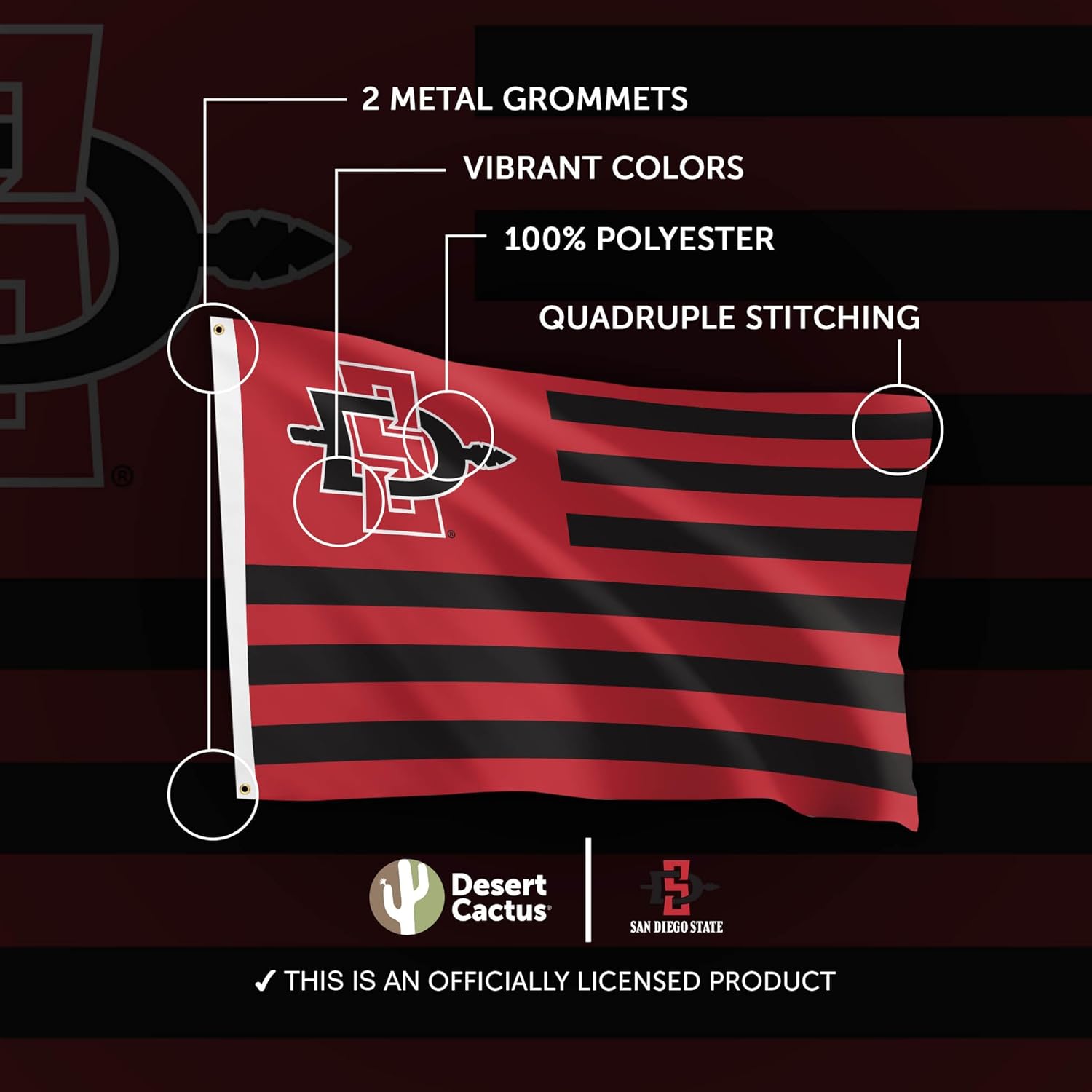 Desert Cactus San Diego State University SDSU Flag - 3 x 5 Feet Aztecs Banner, Indoor/Outdoor Durable Fabric, 100% Polyester Design (Style Nation) - Image 4