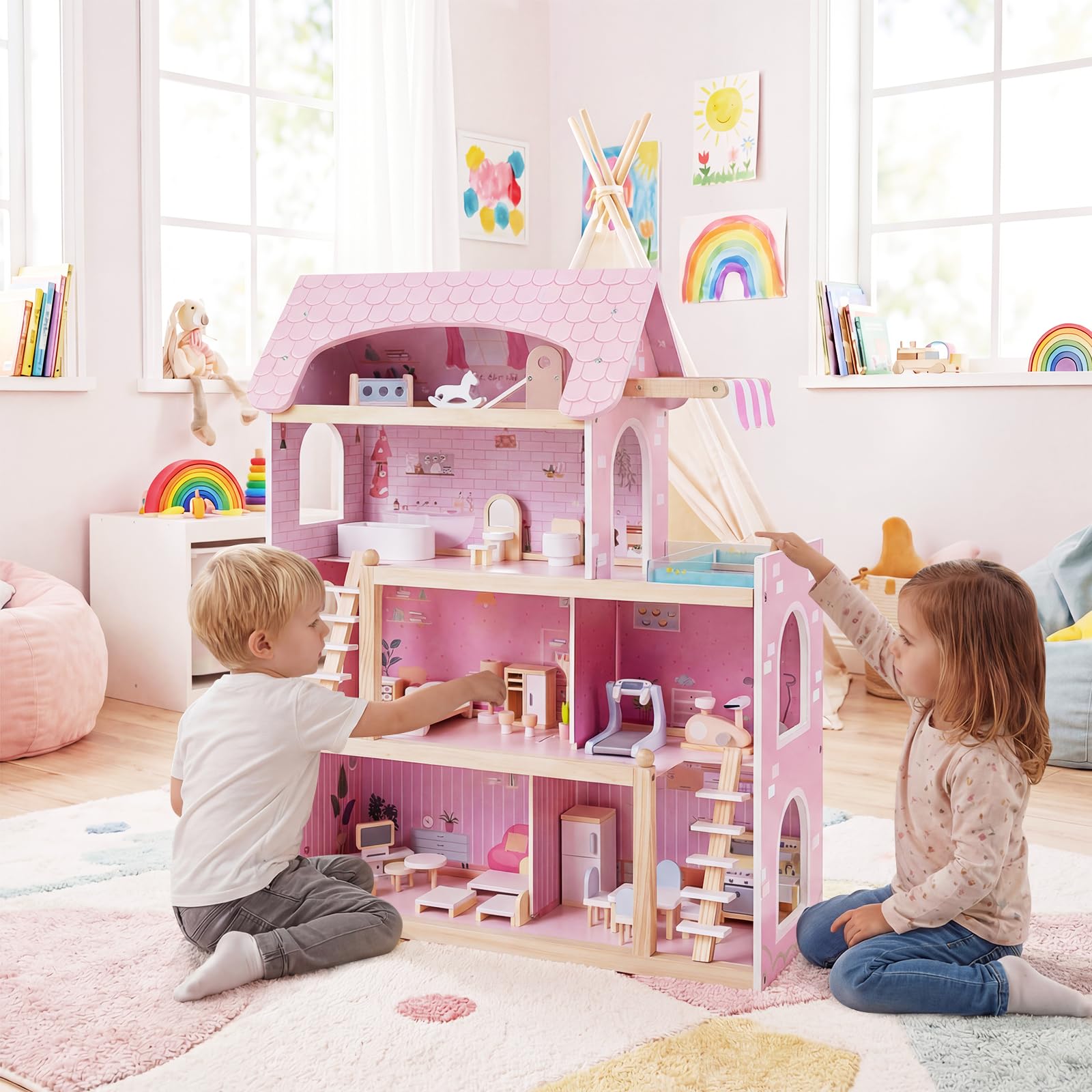 COSTWAY Casa delle Bambole in Legno, Casa Bambole con 4 Piani, 6 Stanze, Terrazza, Piscina e Scale, Casetta Giocattolo Educativo con 33 Mobili Accessori, per Bambini 3+ Anni, 63 x 25 x 78 cm (Rose)