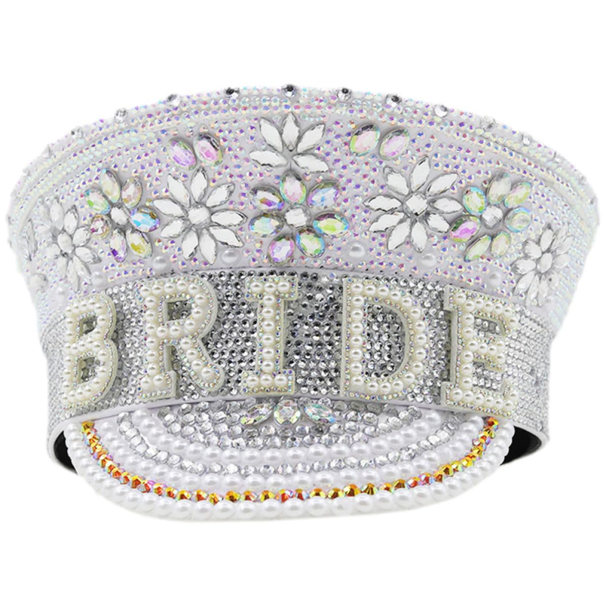 SECFOU Sombrero de Novia Diseño Delicado y Brillante Gemas de Imitación Blanco Tamaño Ajustable, Material de Cuero para Bodas y Despedidas de Soltera