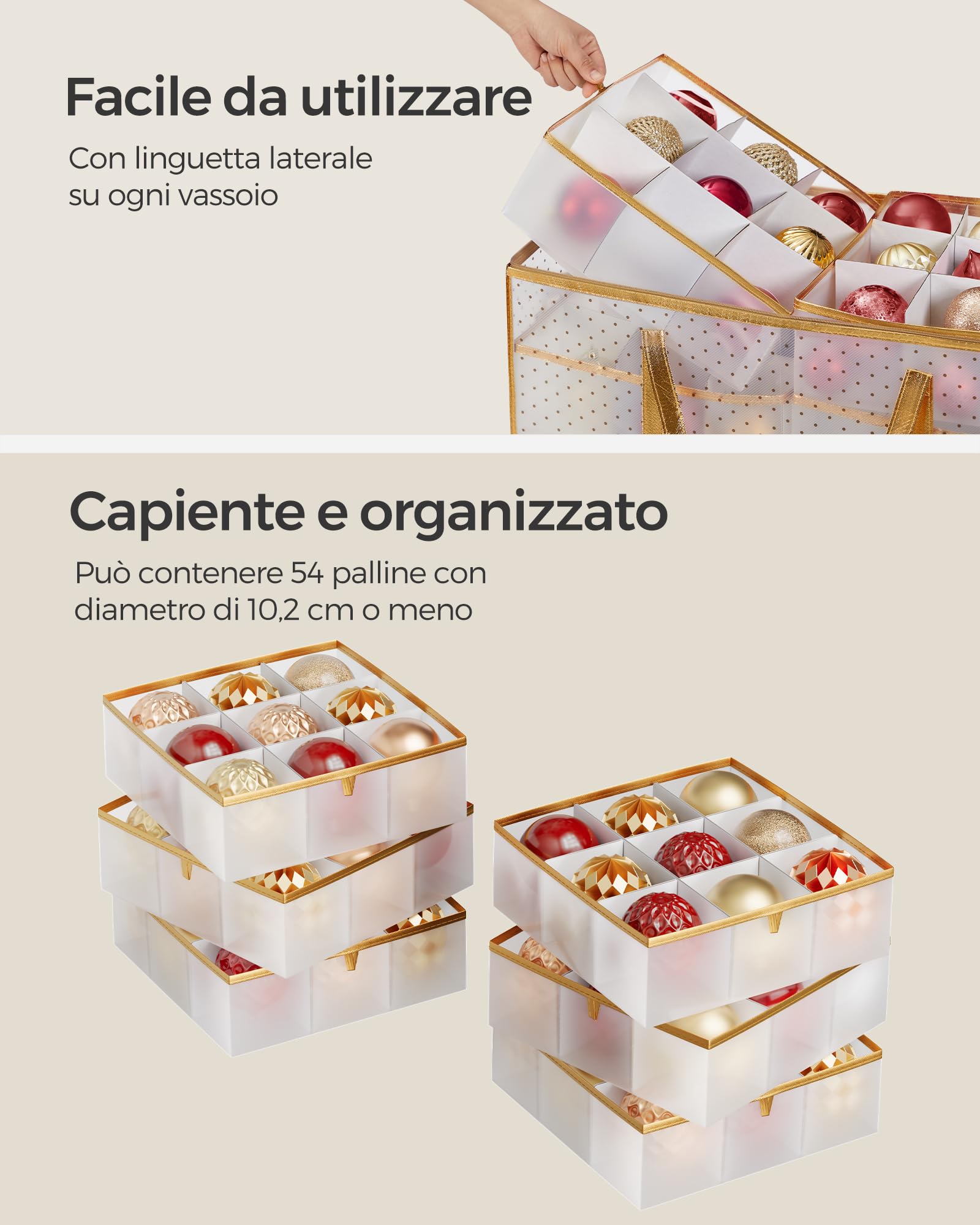 SONGMICS Contenitore per Palline di Natale, 54 Scomparti da 10,2 cm, Scatola Decorazioni Natalizie in Plastica con Coperchio, Doppia Cerniera Lampo, 6 Vassoi, Maniglie, Dorato Sabbioso RFB030A01
