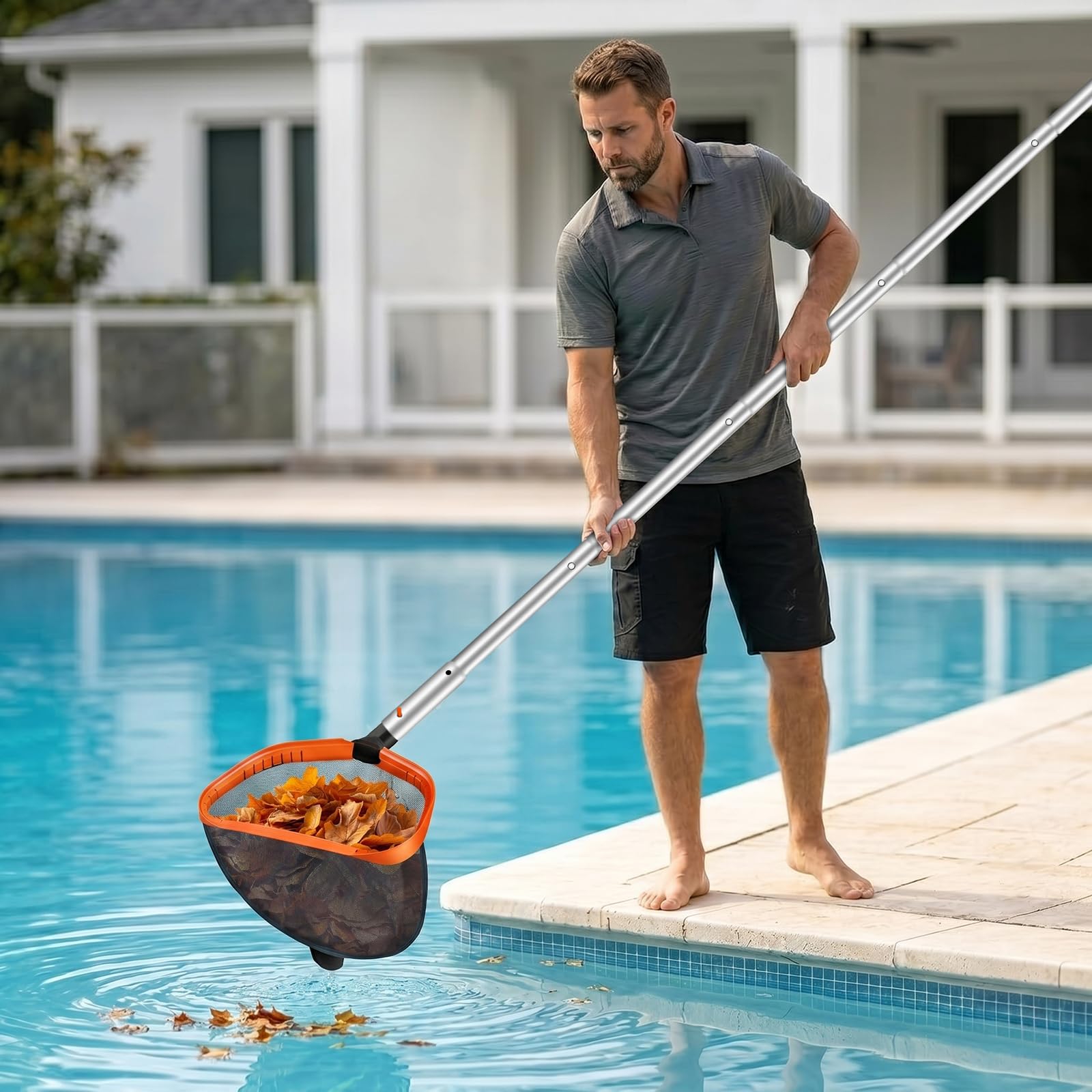 KGC 44CM Retino da Piscina con Asta da 3M (8 Sezioni), Rete Professionale a Doppio Strato con Telaio in Alluminio, Asta Modulare Rinforzata da 1,2mm per Piscina, Spa, Laghetto