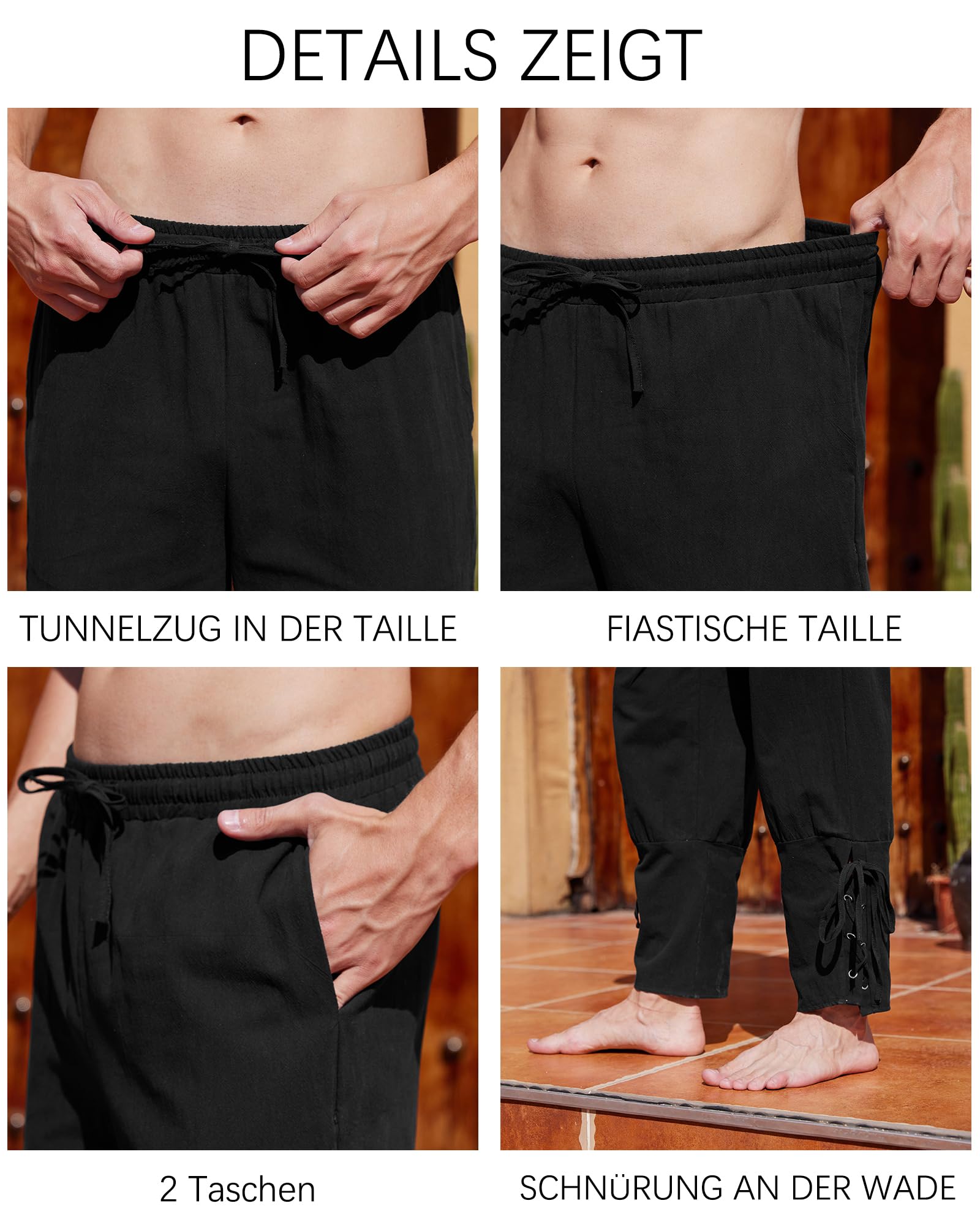 YAOHUOLE Herren Mittelalter Hose Vintage Freizeithose mit Taschen Renaissance Piratenhose Cosplay Kostüm Hose Herren Lang