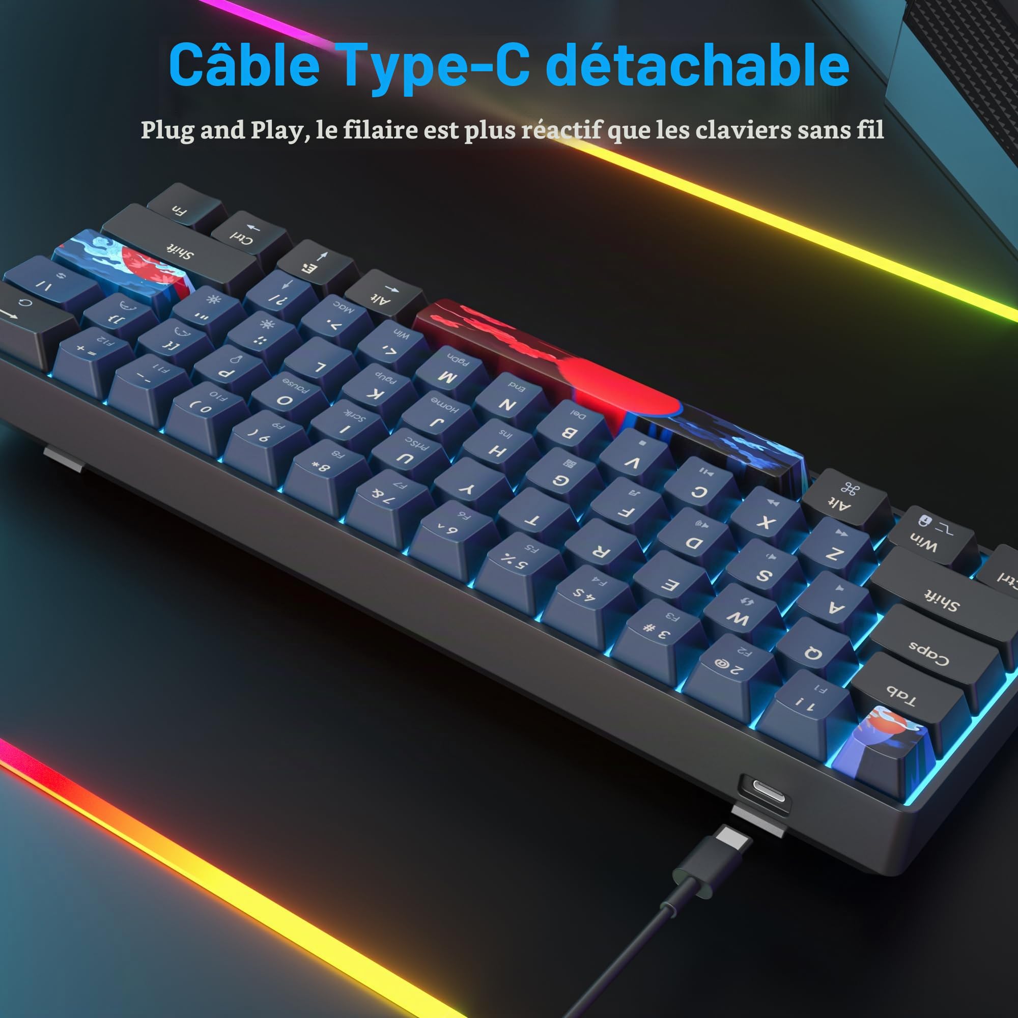 Clavier Gamer Mécanique 60%，Clavier 60 pourcent Filaire Gaming de Jeu Switchs Red, QWERTY American, LED Rétroéclairé, Mini 60% Claviers Gaming pour PC