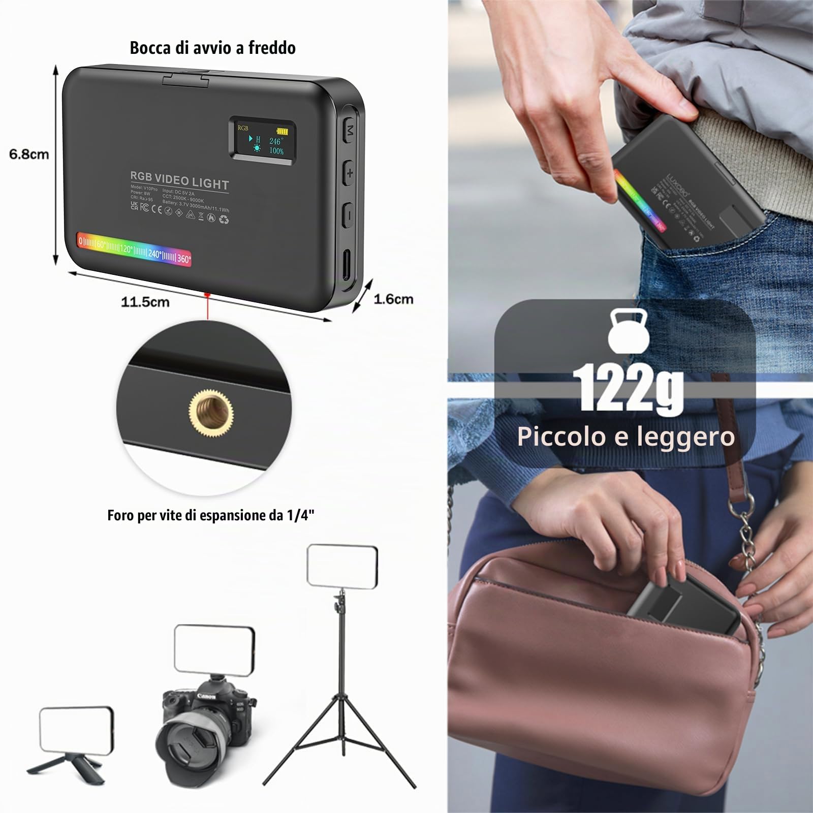 LUXCEO RGB LED Luce Video Ricaricabile Fotografia RGB Luce, 3100mAh, CRI 95 +, 2500K-9000K Dimmerabile 20 effetti di luce con display LCD per Vlog,Live Stream,Intervista,Fotografia