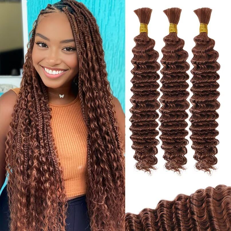 12A #30 Auburn Brown Human Braiding Hair for Boho Braids 3 Bundles 22 Inch 100g Deep Wave Braiding Hair for Bohemian Knotless Braids 100% Unprocessed Virgin Bulk Hair Extensions No Weft