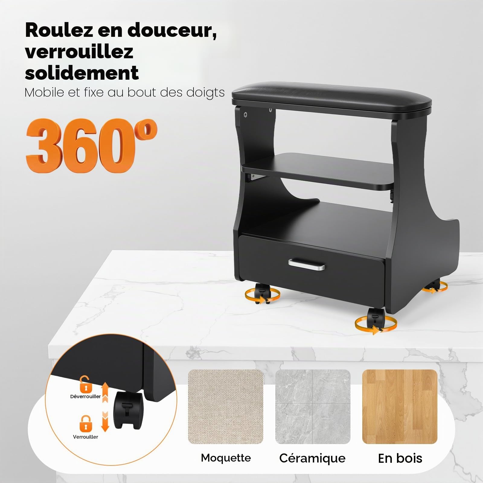 Tabouret de pédicure, repose-pied avec roues, repose-jambes pour soin des ongles, repose-pieds idéal pour salon de beauté des ongles (noir)