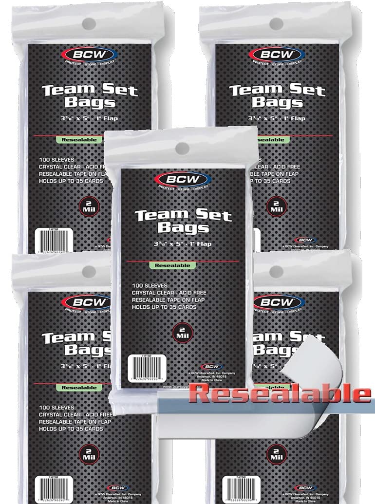 BCWResealable Team Set Bags - 3 3/8 X 4 - (5 Pack) Baseball, Football, Basketball, Hockey, Golf, Single Sports Cards Top Load - Sportcards Card Collecting Supplies by BCW