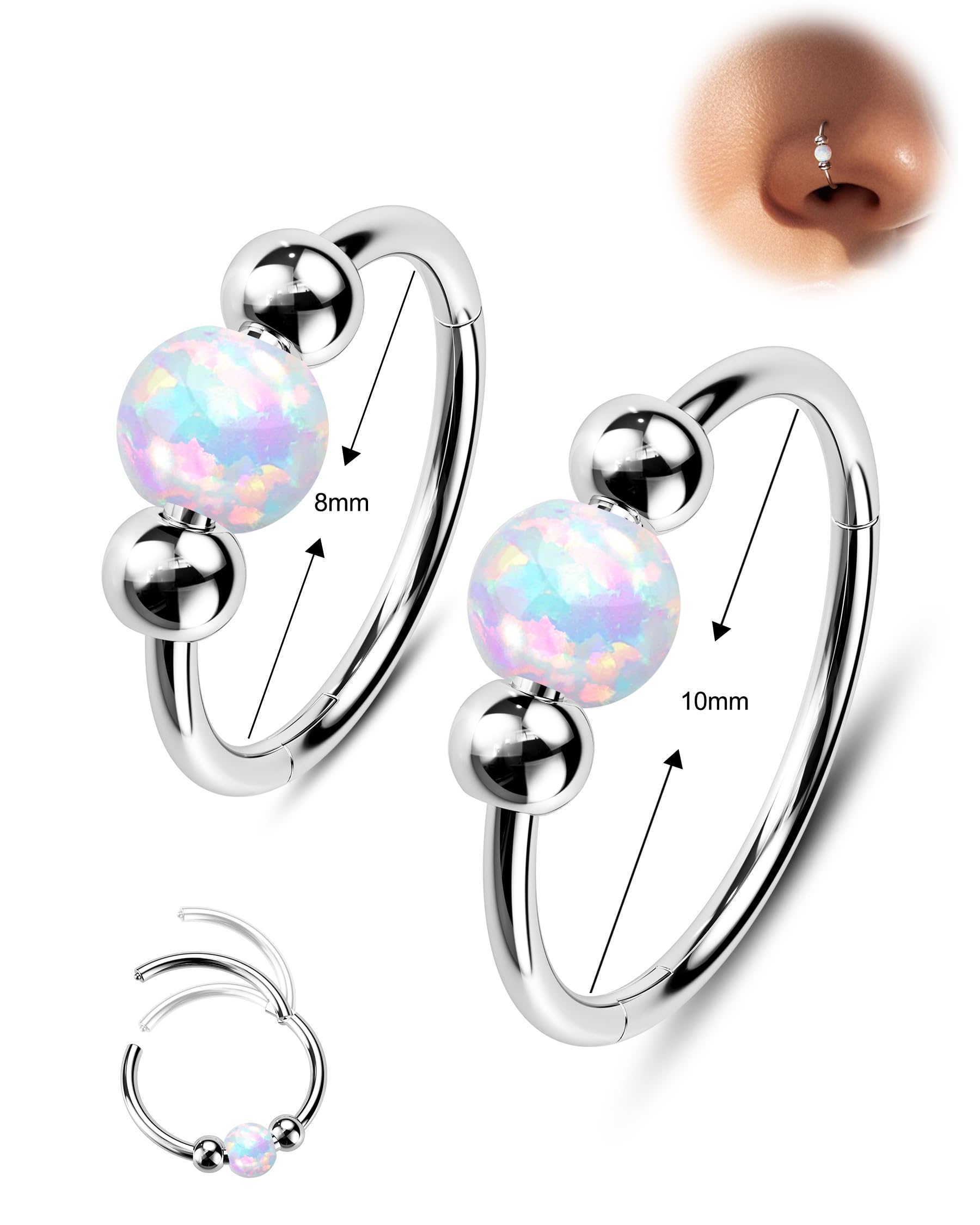 Jewseen2PCS 316L Surgical Steel Nose Rings Hoop 18g 20g Opal Nose Rings for Women Septum Rings 8mm/10mm Nose Piercing Jewelry Cartilage Earring