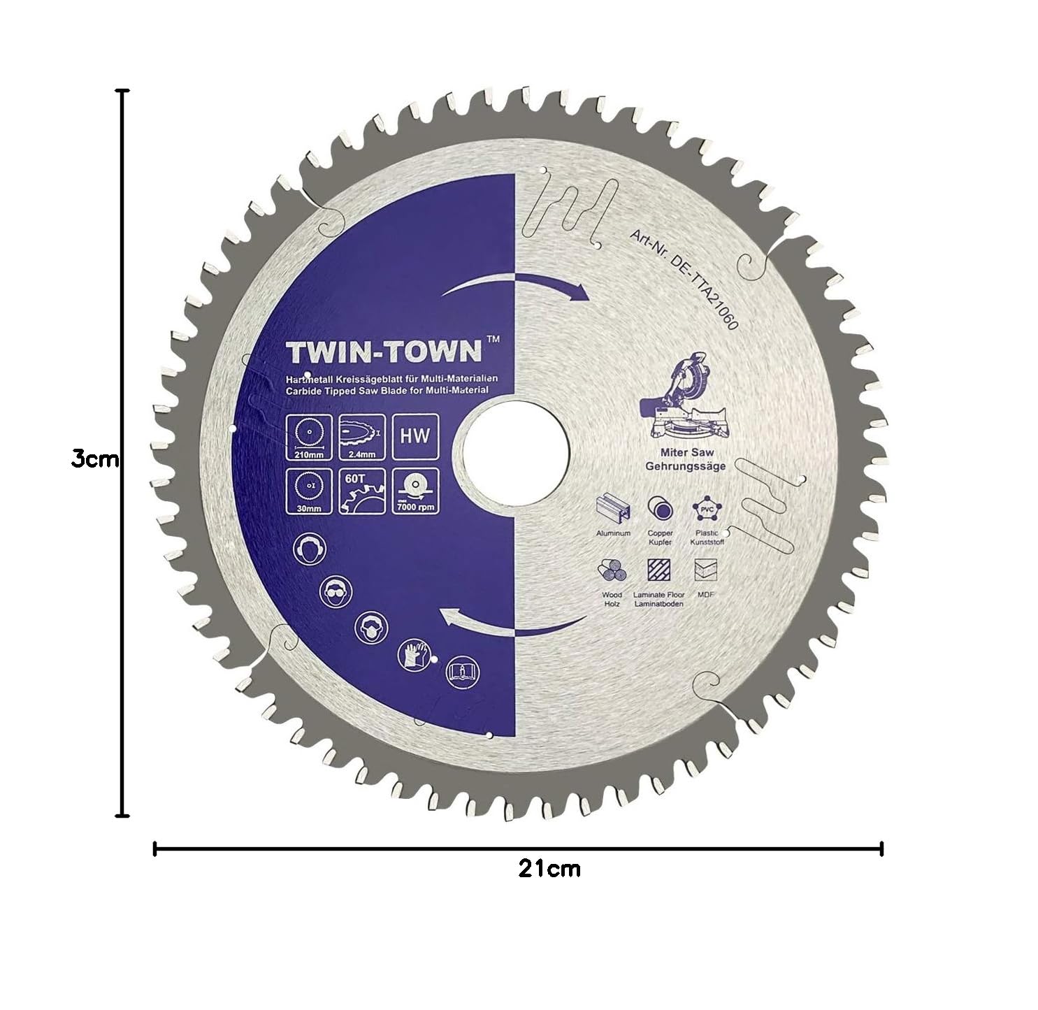 TWIN-TOWN Disco de Sierra Circular 210 x 30 mm para Aluminio, 60 Dientes de Carburo (TCT), Hoja de Sierra para Madera, Cobre y Plástico, Compatible con Bosch, Metabo y más