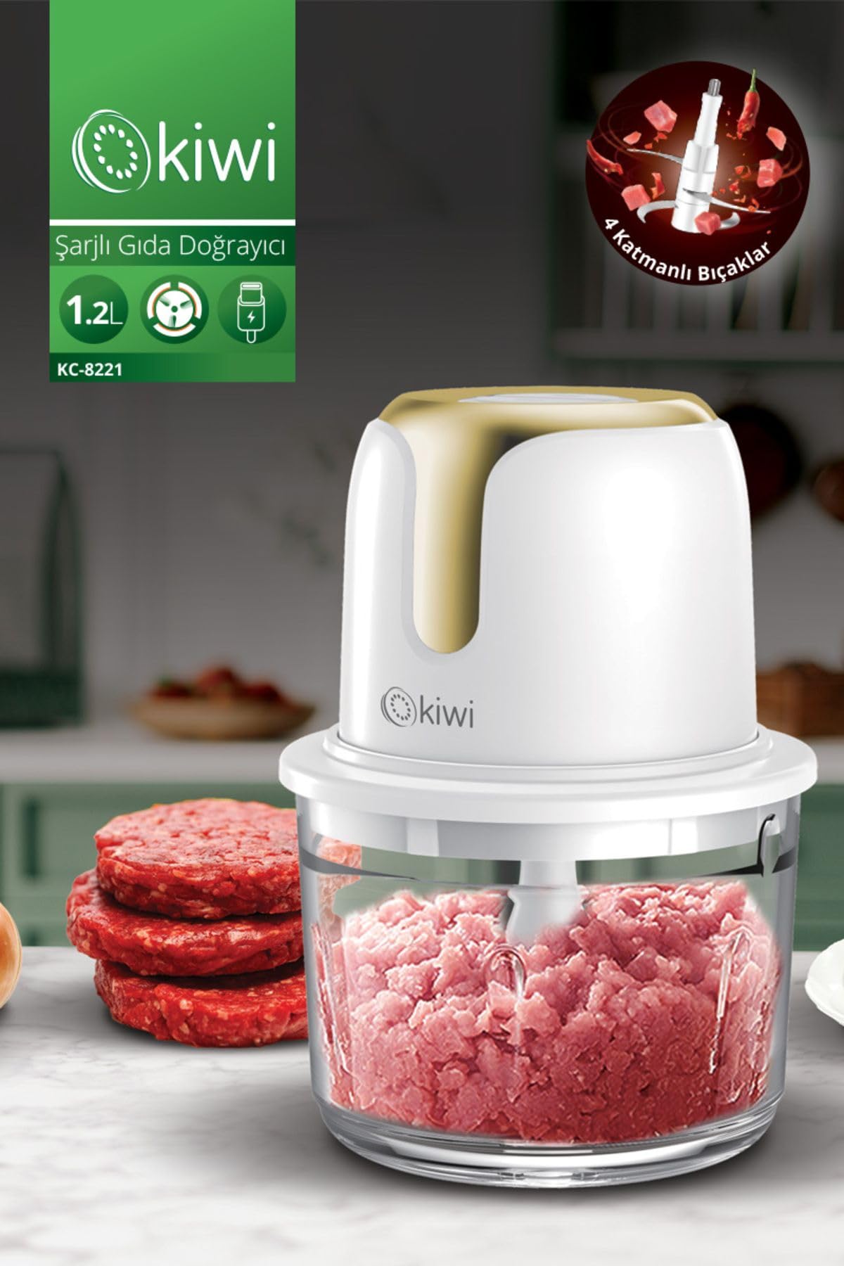 Kıwı Kc-8221 Kablosuz Şarjlı Gıda Doğrayıcı – 1.2L Cam Hazne, Paslanmaz Çelik Bıçaklı Mutfak Robotu Beyaz