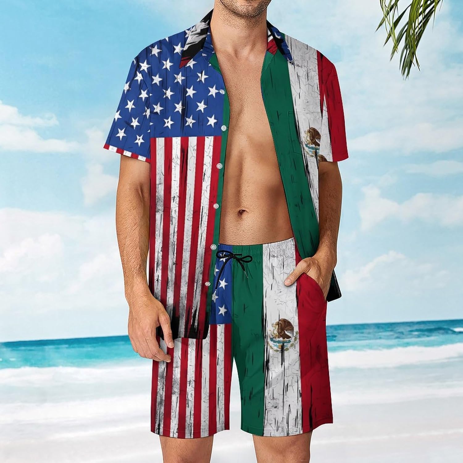 Half US Half Mexican Flag Men's Summer Beach Outfits Shirt And Shorts Set 2 Piece Vacation Swimwear