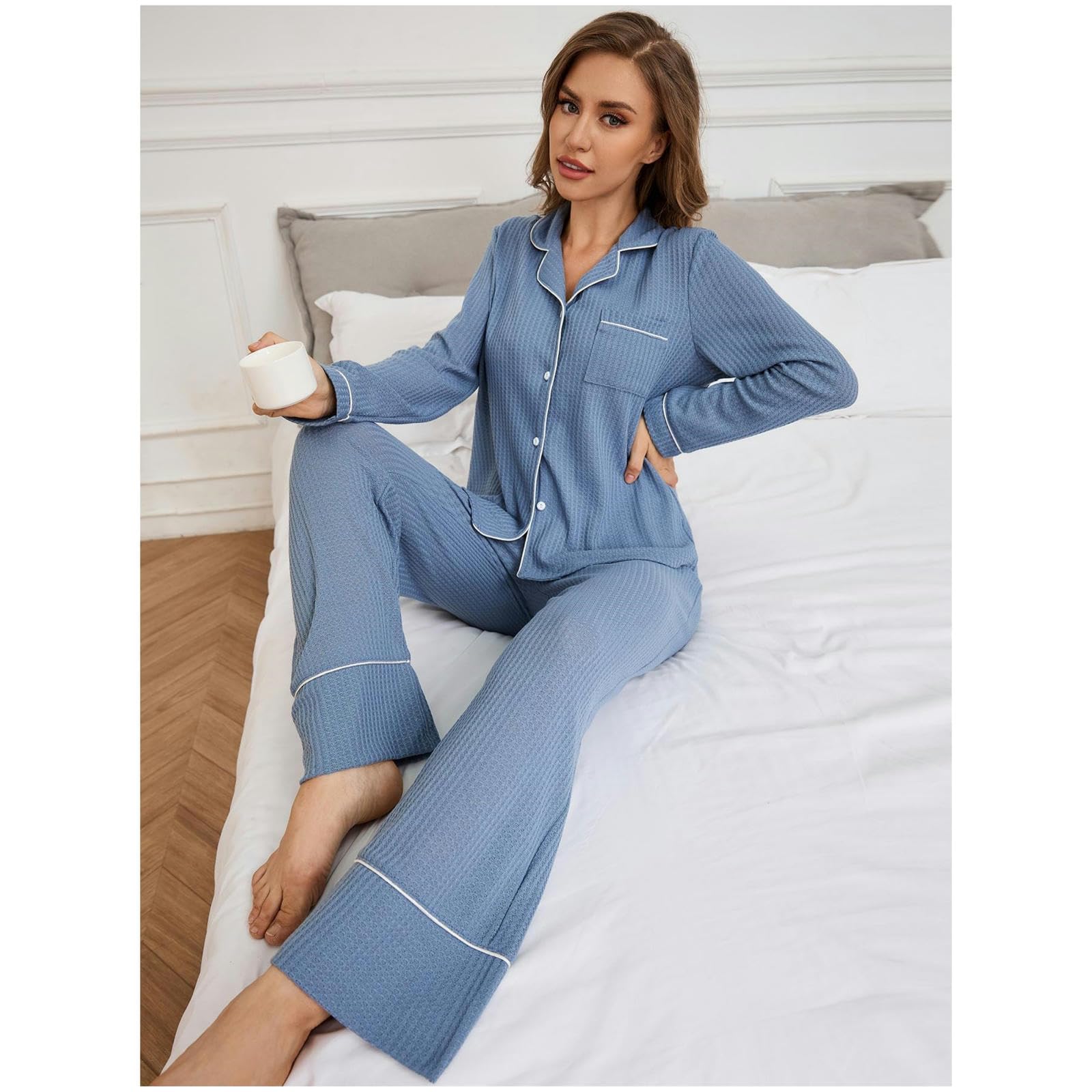 Pigiama Donna Cotone Autunno da Donna Autumn E Inverno A Maniche Lunghe Pantaloni Lunghi Pantaloni in Due Pezzi di Pigiama-hf13-blu-l