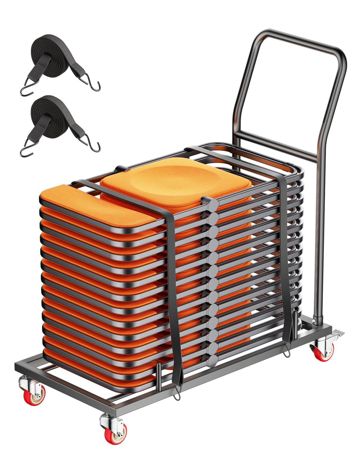 VEVOR Estante para Sillas Plegable, Capacidad de 136 kg, Carrito de Colocación Horizontal en Forma de L para 25 Sillas, Carrito de Almacenamiento de Metal Resistente con Ruedas de Goma, Negro Mate