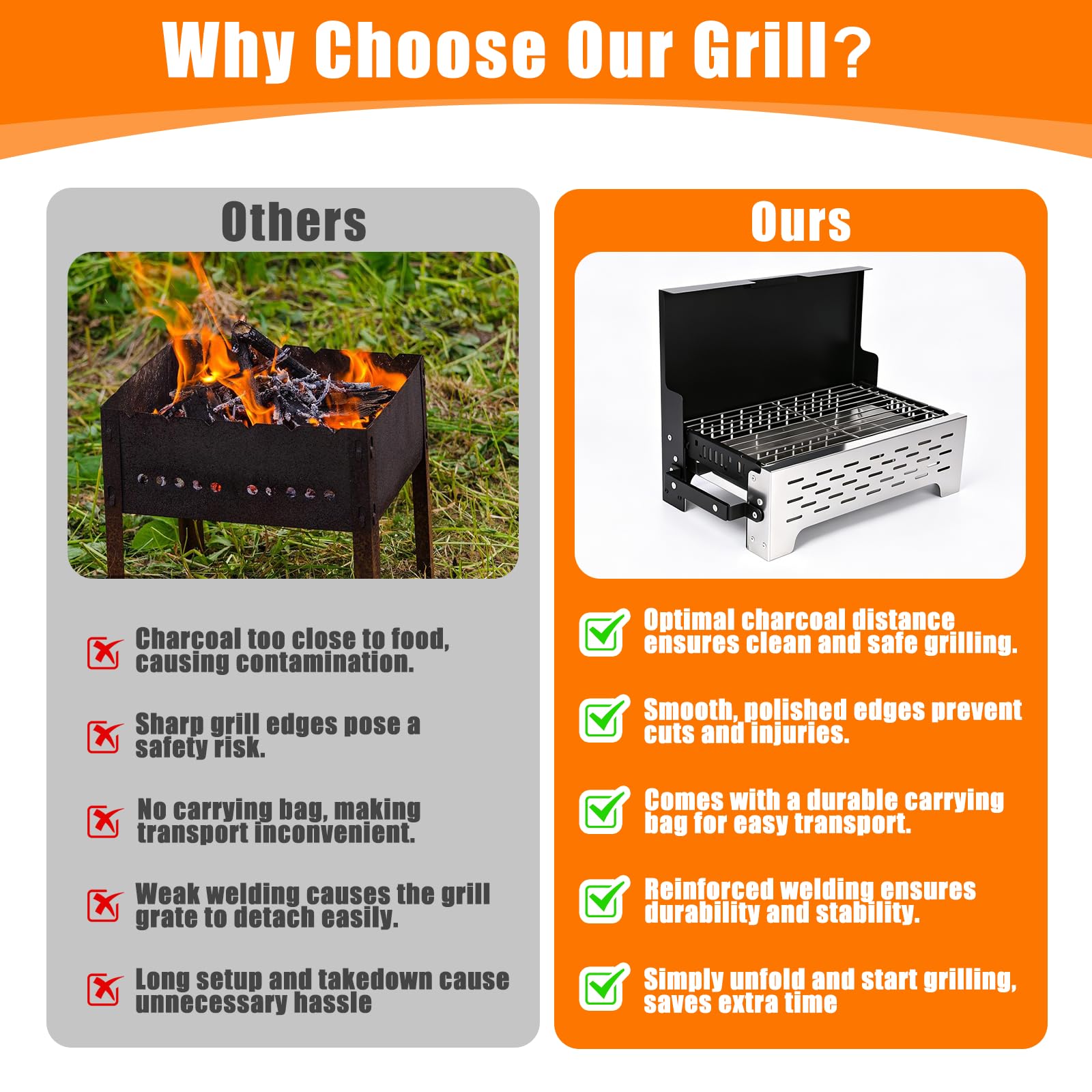 GFTIME Klappgrill Camping Grill Holzkohlegrill Tischgrill für Outdoor BBQ, Edelstahl Tragbar Faltbar Grill mit Tragetasche für Camping, Picknick, Gartenkochen und Terrasse