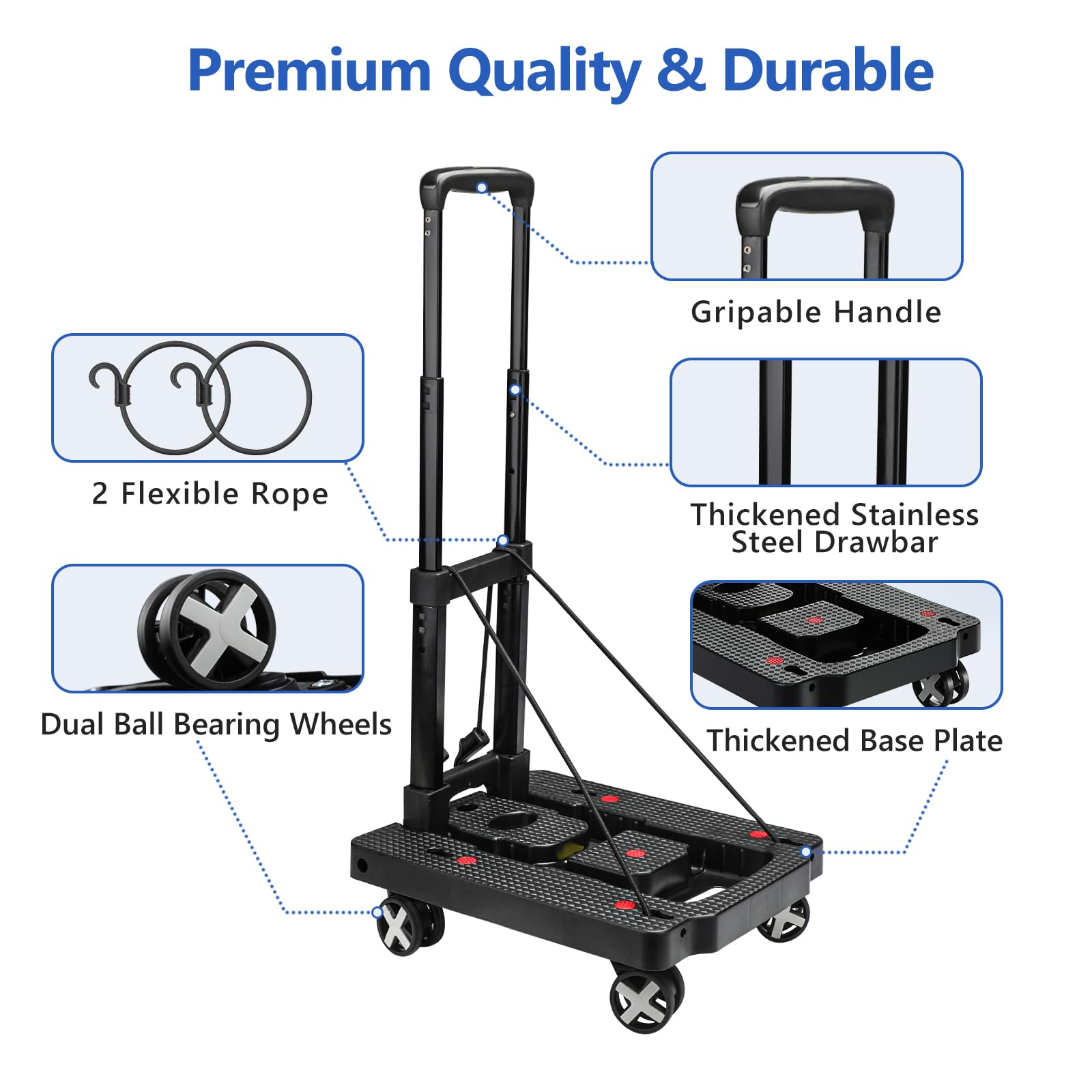 Carro de Mano, Carro de Equipaje Resistente de 120 Libras, camión de Plataforma Plegable portátil de 4 Ruedas con 2 Cuerdas elásticas para moverse, Saltar, Equipaje, Uso en Oficina, Negro
