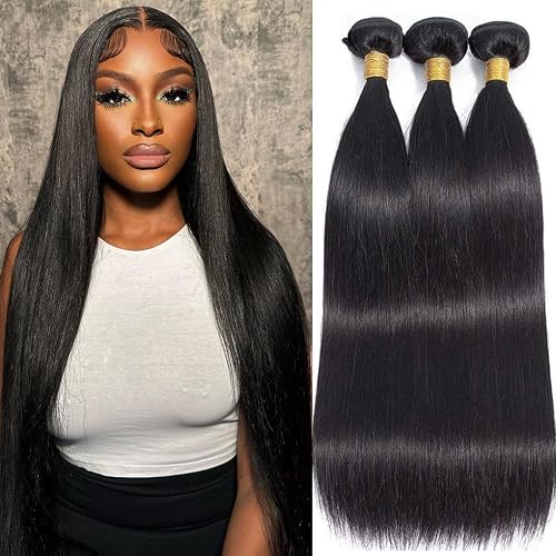EWOSS 12A Human Hair Bundles Straight 3 Bundles Human Hair 20 20 20 Inch, 100% Unprocessed Brazilian Virgin Straight Bundle Double Weft Soft and Glossy Hair Bundle Natural Black Color(300g /lot)
