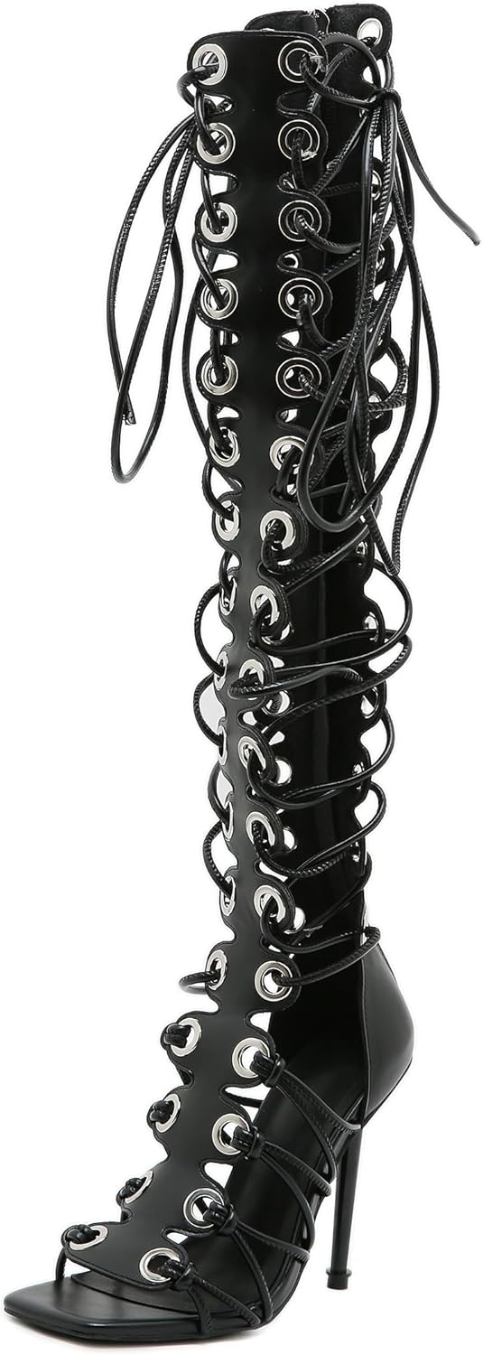 STUPMARY Women Peep Toe Sandals Cut-outs Cross-tied Lace Up High Heeled Gladiator Sandals Zipper Over The Knee Bootie Summer