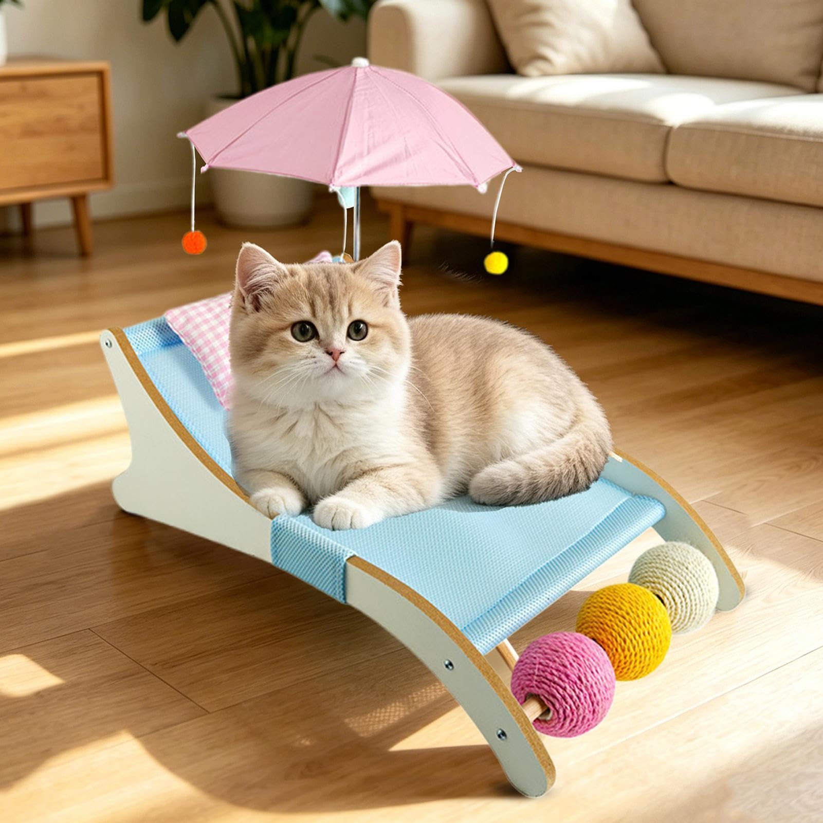 Générique Katzenbett mit Vordach, Hängematte, Tiere mit Kratzbrett und Schutzgitter | Katzenbett für den Außenbereich, für Wohnzimmer, Balkon, Terrasse, Hinterhof, Bad, kleine Rassen