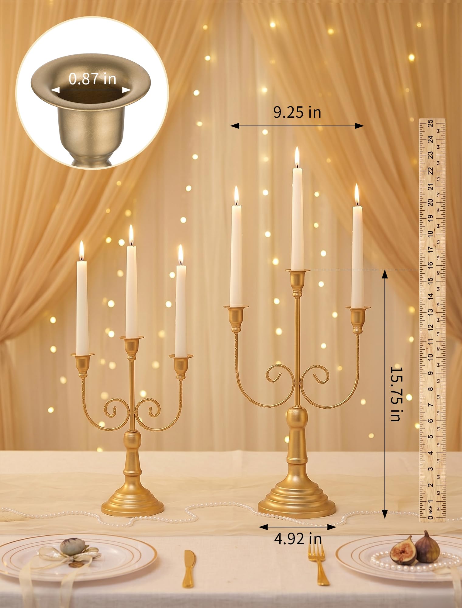 Romadedi Kandelaber, goldfarbener Kerzenhalter, 39,9 cm hoch, 3-armig, Metall, konisch, Kerzenhalter für Hochzeit, Tisch, Esszimmer, Party, Kamin, Kaminsims, Weihnachtsdekoration, 6 Stück