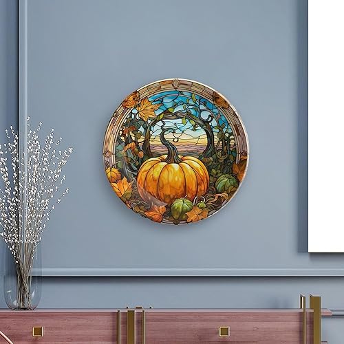Miniatura 5 de Platos decorativos para colgar en la pared, placa de cerámica con diseño de cristal manchado de arce y calabaza con soporte de exhibición,
