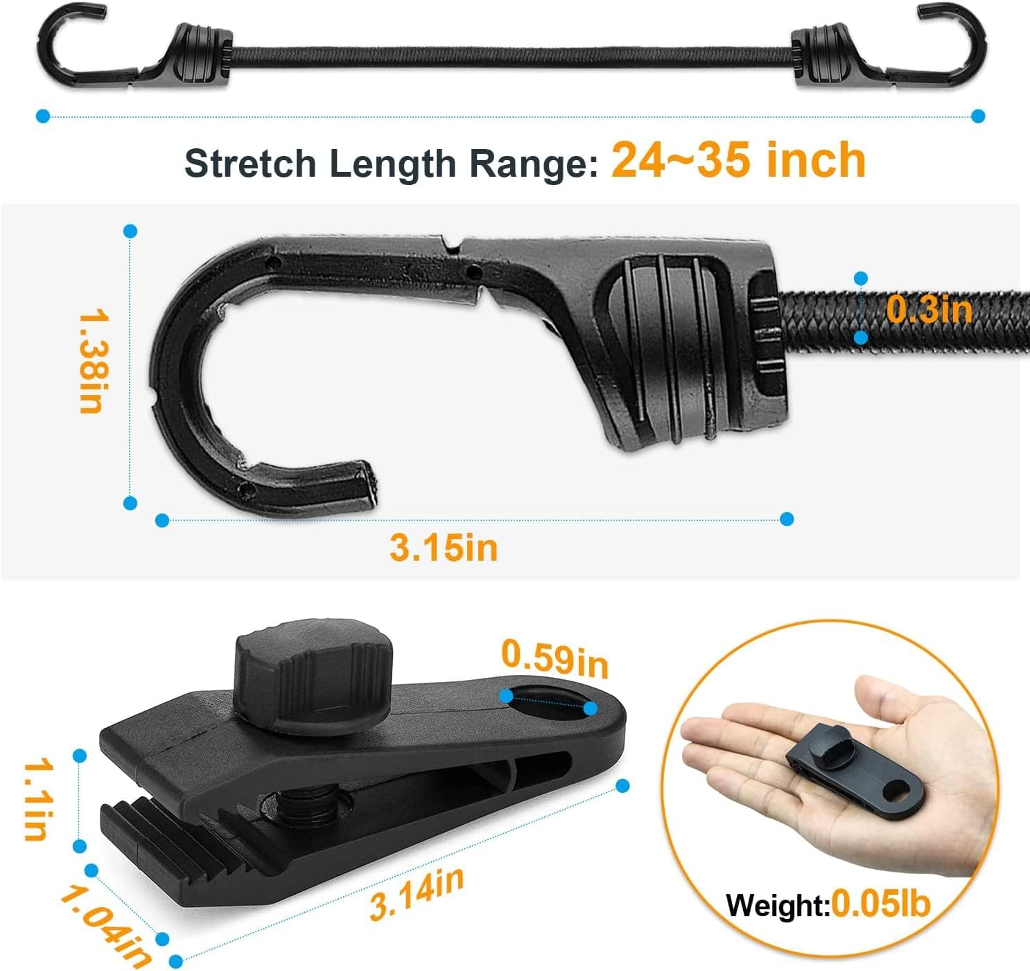 24 Inch Bungee Cord with Dual Hooks, Heavy Duty Outdoor 10Pack High Elastic Bungee Straps &10 Tarp Clips, Black Bungee Straps Tie Down for Securing Cargo,Luggage, Camping