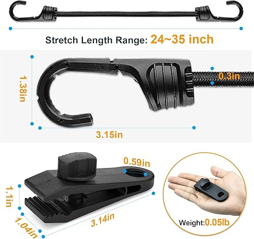 Miniatura 2 de Cuerda elástica de 24 pulgadas con ganchos dobles, paquete de 10 correas elásticas de alta resistencia para exteriores y 10 clips de lona, correas