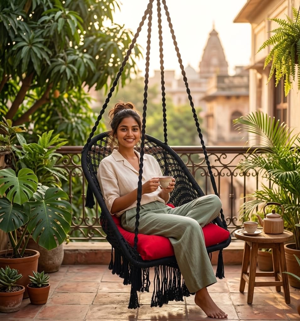 Patiofy Super Comfy Jhula for Living Room, Balcony & Home - Adult Swing Chair with Hanging Kit & Red Square Cushion - Black