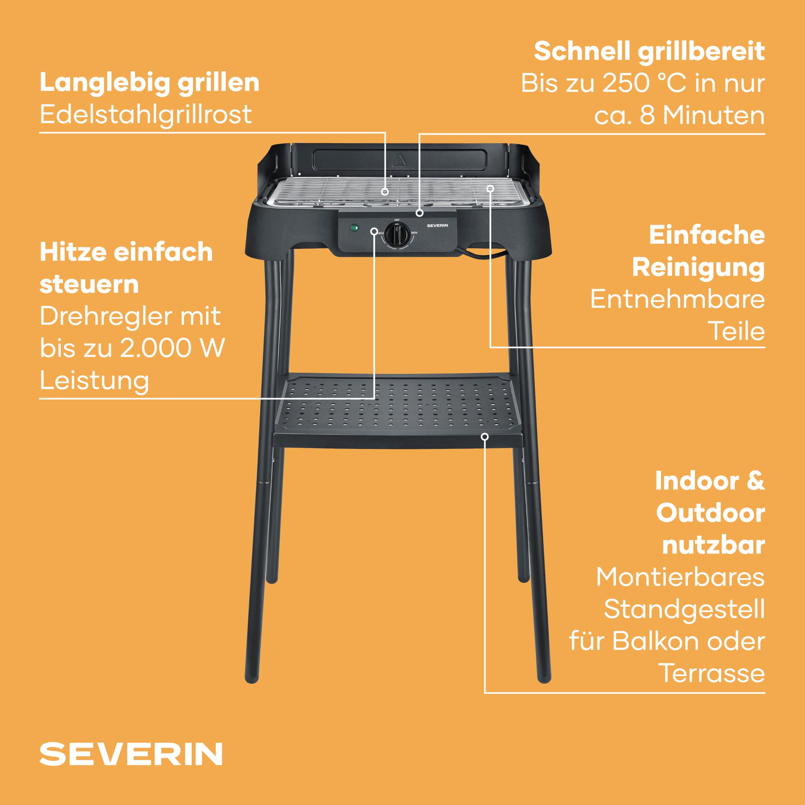 Severin Elektrogrill mit Standfuß, 2000W, 38x22cm, Edelstahl-Grillrost, schwarz