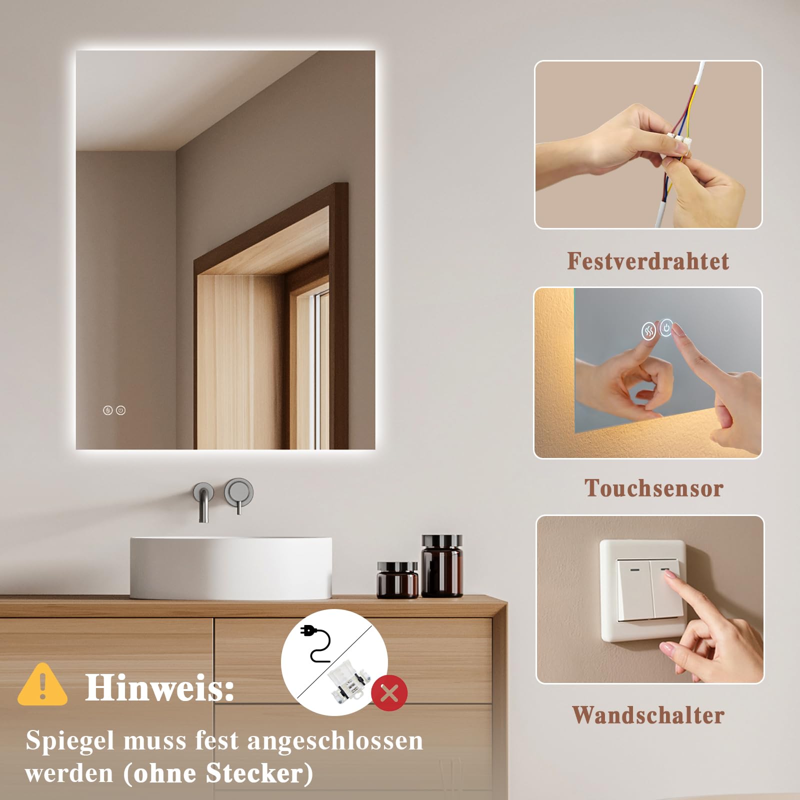 Badspiegel-mit-Beleuchtung 50x70cm - LED Badezimmerspiegel Badezimmer Spiegel mit Beleuchtung, Touch-Schalter, Dimmbar, 3 Lichtfarben - Wandspiegel Led Spiegel Bad - Horizontal/Vertikal
