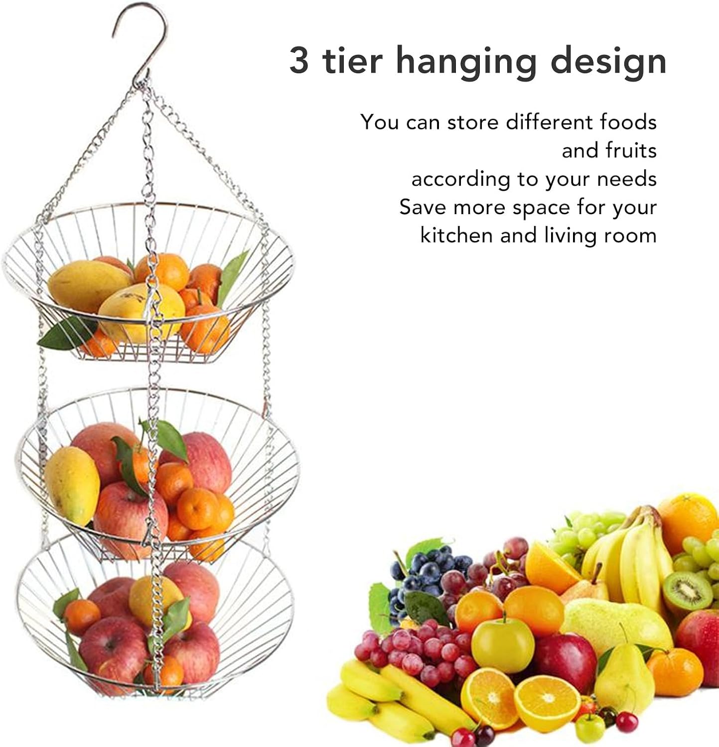 3-Tier Hanging Fruit Basket, Iron Wire Fruit Vegetable Flower Hanging Storage Basket, for Potatoes, Onions, Oranges, Bananas, Limes, Lemons