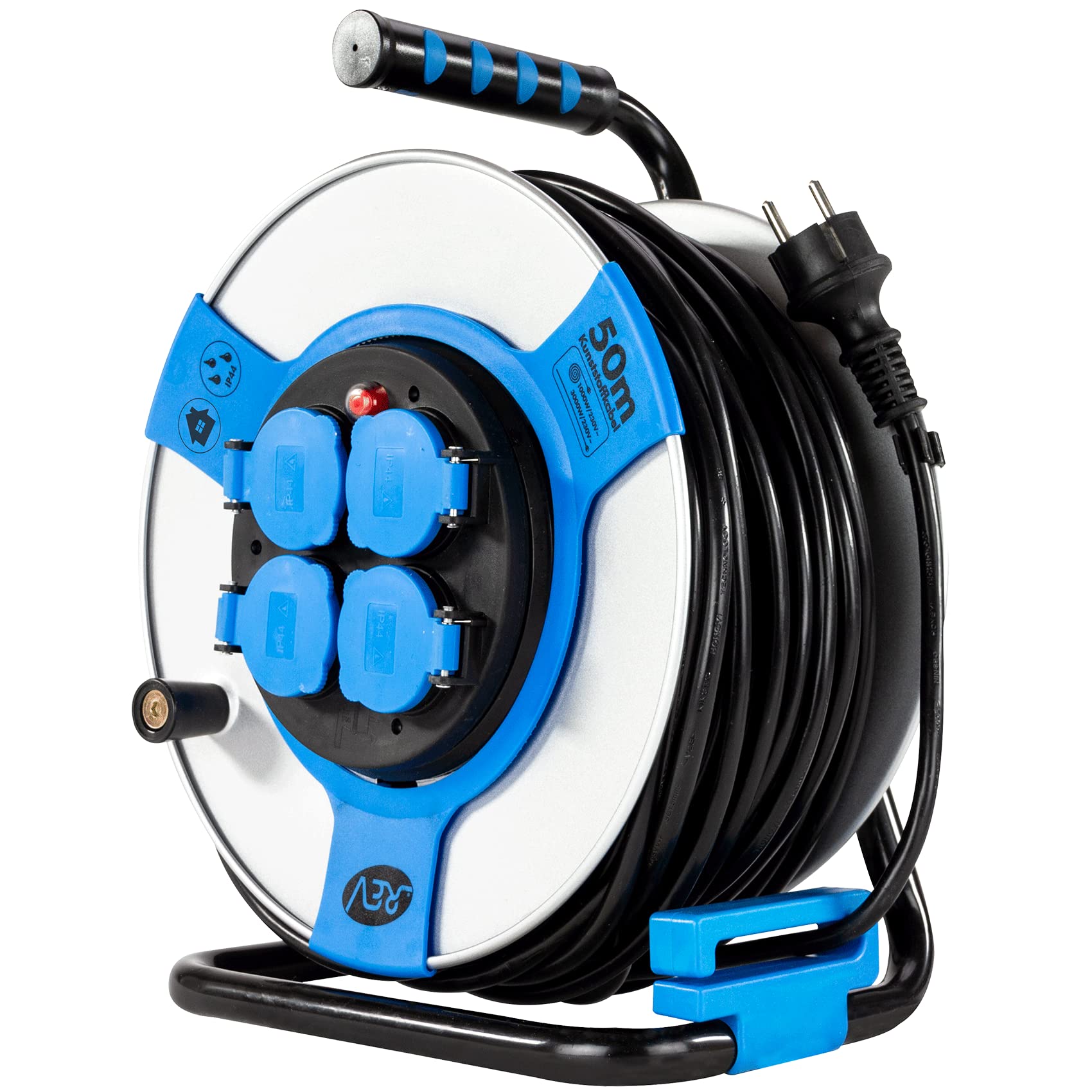 REV Enrouleur de câble EX, 50 m, H05VV, IP44, 3000 W, avec Contact abrasif, extérieur, 4 Prises de Contact de Protection, Bleu
