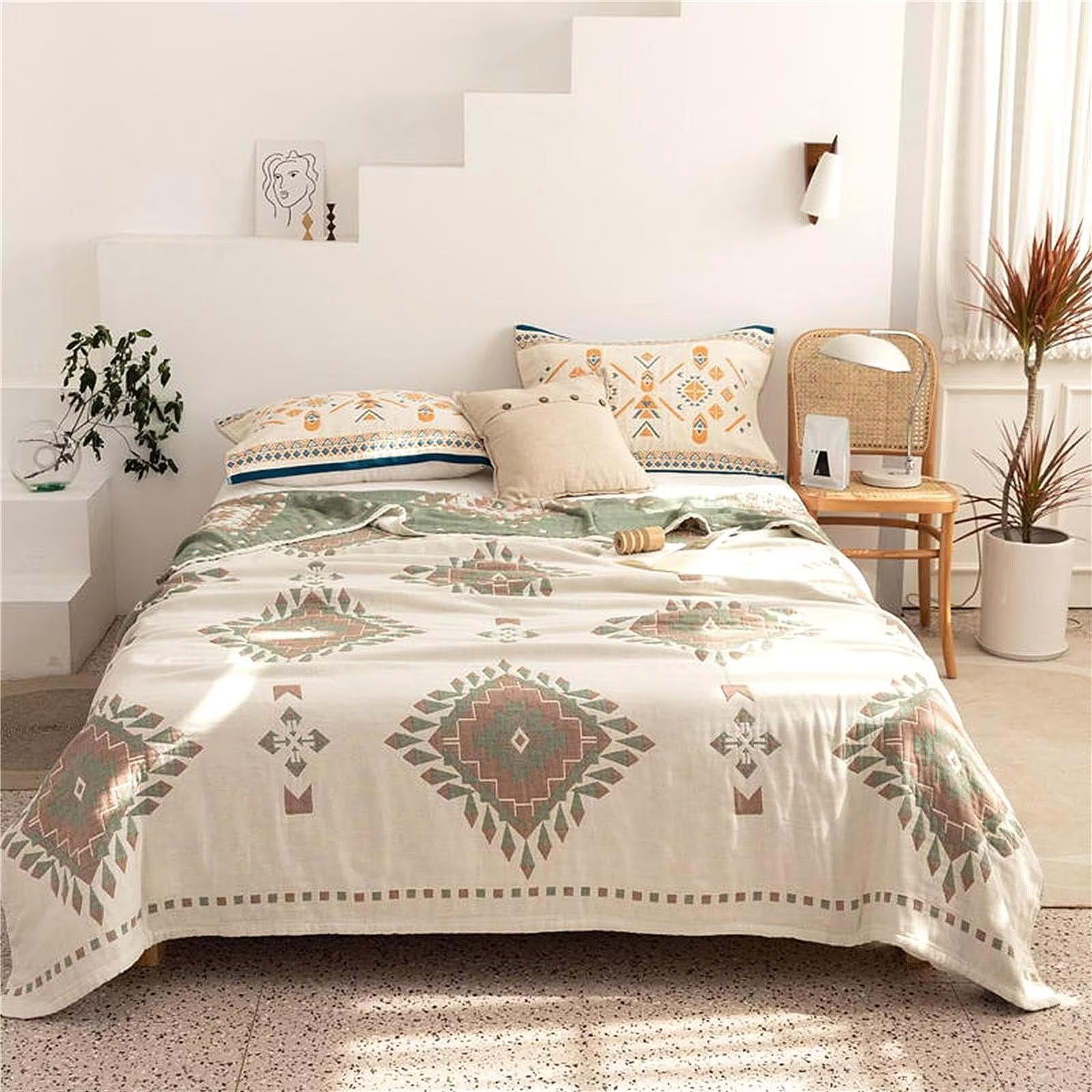 Boho Tagesdecke Doppelseitig Decken 100% Baumwolle Gewebte Decke 200x230cm, Musselin Überwurf Beige Kuschelig Weiche Bettüberwurf TV-Couchdecke Sesseldecke Wendedecke Baumwolldecke Kuscheldecke