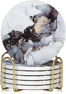 Coasters for Drinks, 6 Pcs Black Marble Coaster Set with Gold Holder and Cork Base, Round Absorbent Ceramic Stone Coasters, Cute Drink Coasters for Kitchen Home, Gift Cup, Bar Coasters