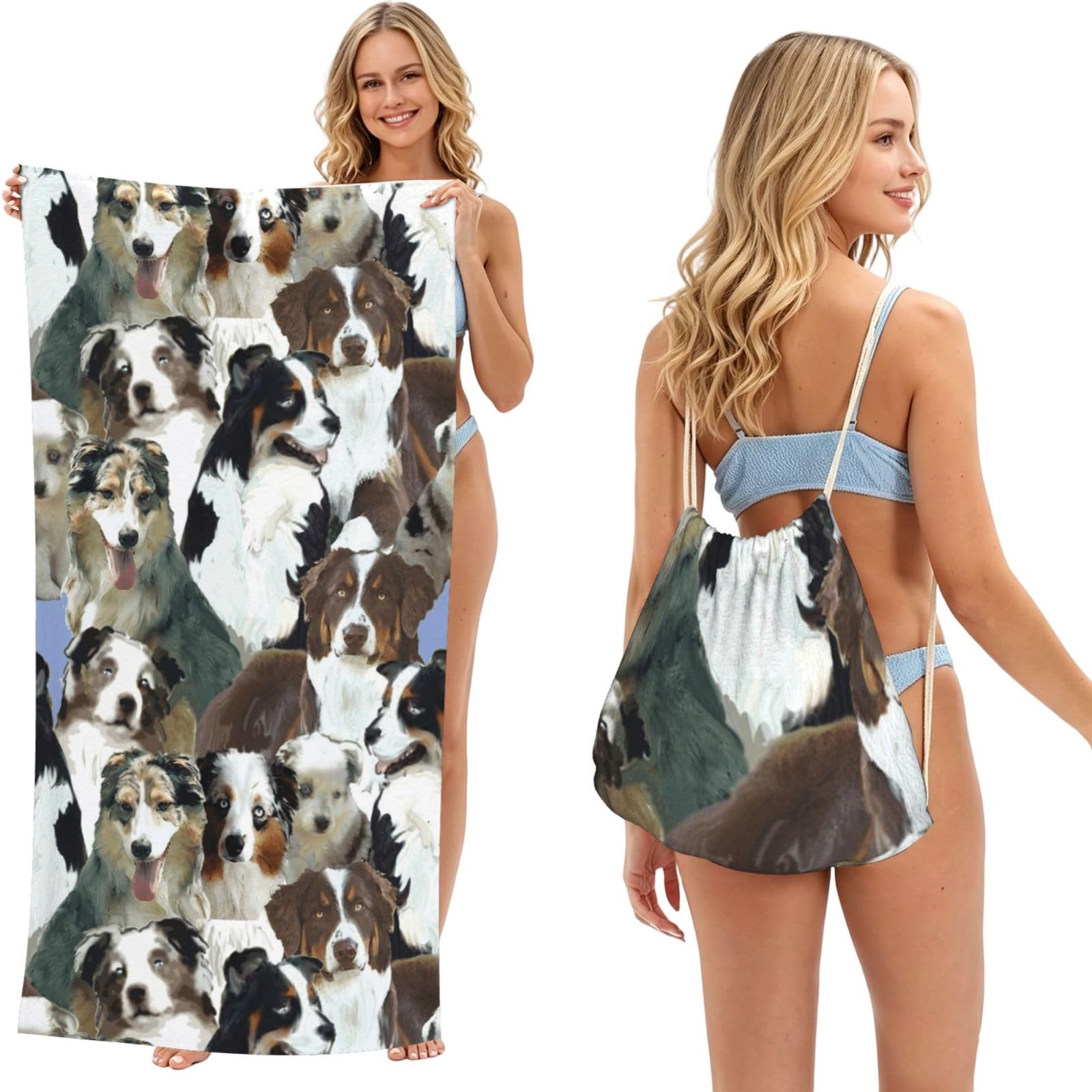 Poadnly Australian Shepherd, 2 in 1 Packable Towel Bag, Beach Towels with Drawstring Backpack for Travel Holiday Camping