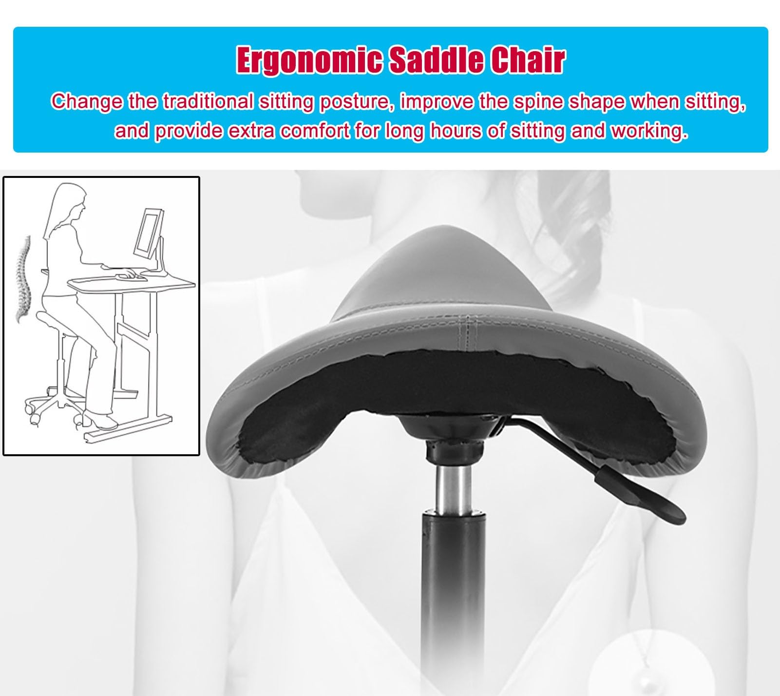 Taburete de Silla de Montar Silla Ergonomica Silla Medica Taburete, Silla Taburete Rodante Hidráulica 43 Cm- 53 Cm, Silla de Montar Giratoria 360° Asiento para Casa, Trabajo, Oficina ( Color : Black )