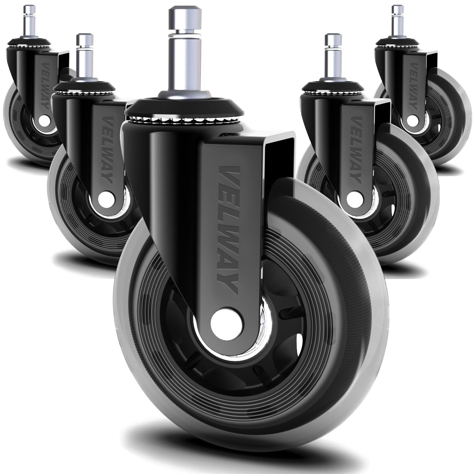 Velway 5Pcs Swivel Casters for Office Chairs, Universal Silent Rubber Replacement Wheel, Safe for Wood Floors, Carpets, Laminates and Tiles (3in-11mm)