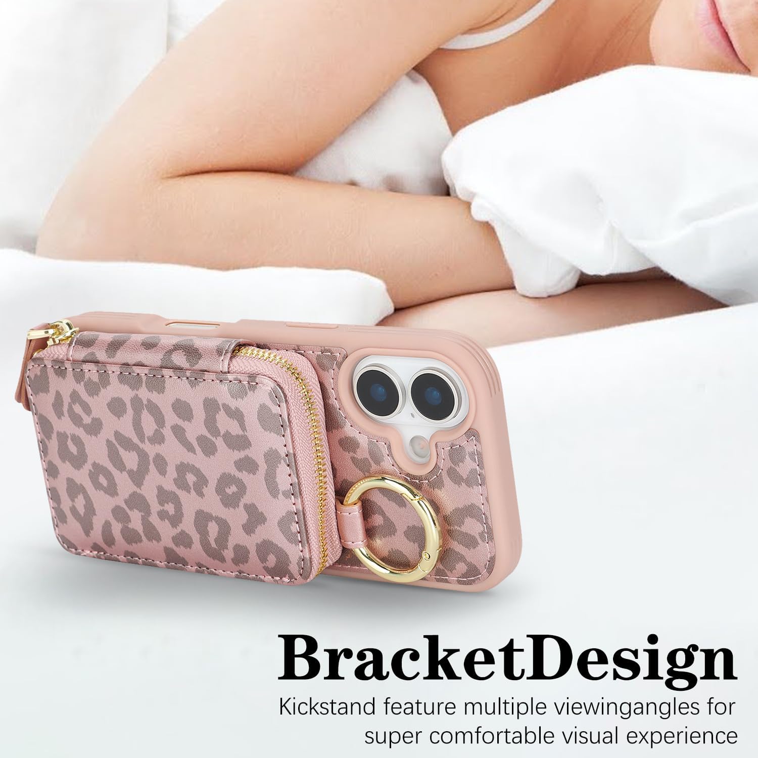 Crossbody Wallet Case for iPhone 16, PU Leather Zipper Handbag Purse Flip Cover, Kickstand Folio Case with Card Slots Holder Wrist Strap Lanyard 5G 6.1 Inch-Pink Leopard