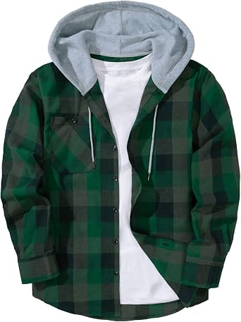 Mens Flannel Hoodie Shirts Long Sleeve Casual Plaid Jacket Button Down Classic Fit Shirts with Pocket