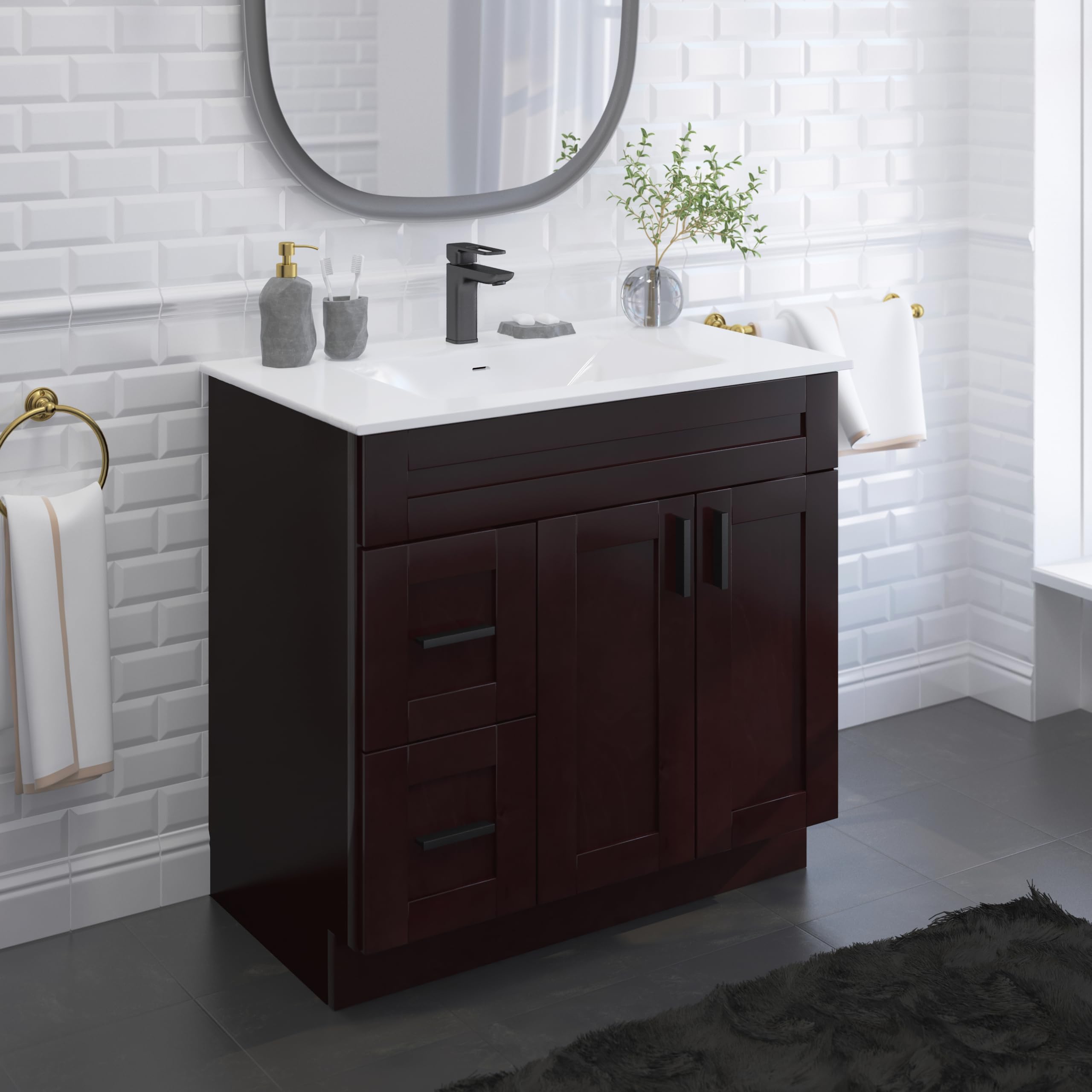 Espresso Shaker Sink Base Bathroom Vanity with Drawers 36"