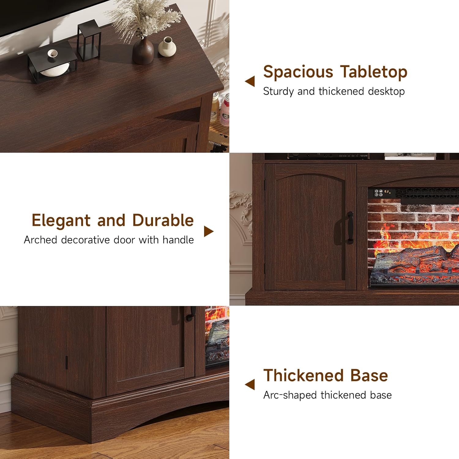 Farmhouse Fireplace TV Stand, Media Entertainment Center with 23" Electric Fireplace, TV Table for TVs up to 65 Inch, Rustic Media Console Table with Refrigerator Storage Door for Living Room,Brown