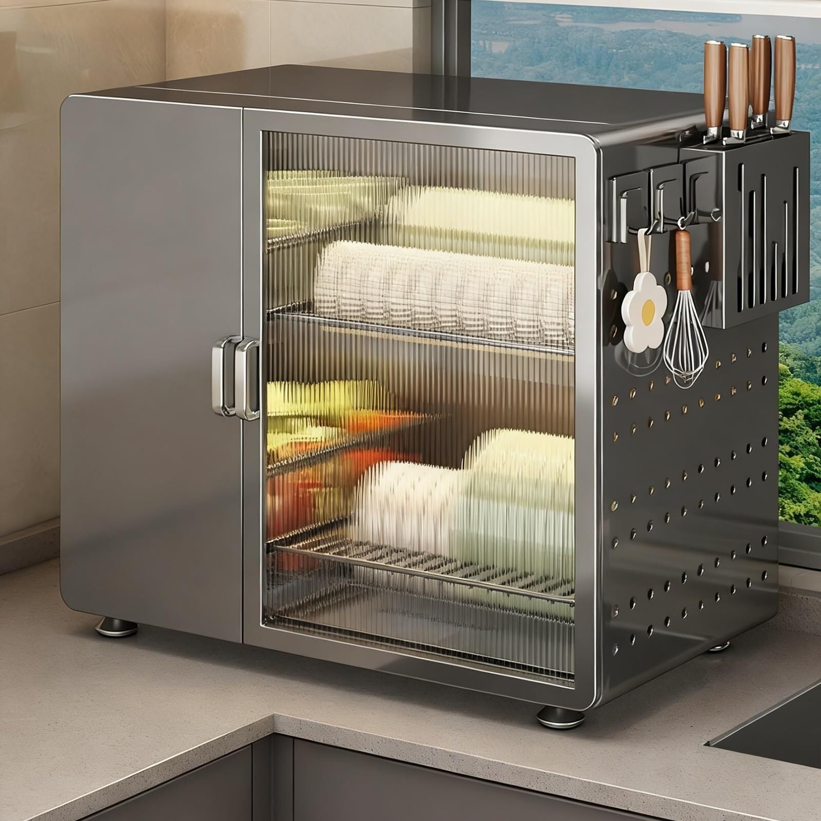 HANELREEZD draining Countertop Dish Drying Rack Over the Sink 2 Tier Dish Racks for Kitchen Counter with Storage Holder & Hooks dish rack(Gunmetal Gray,B2)