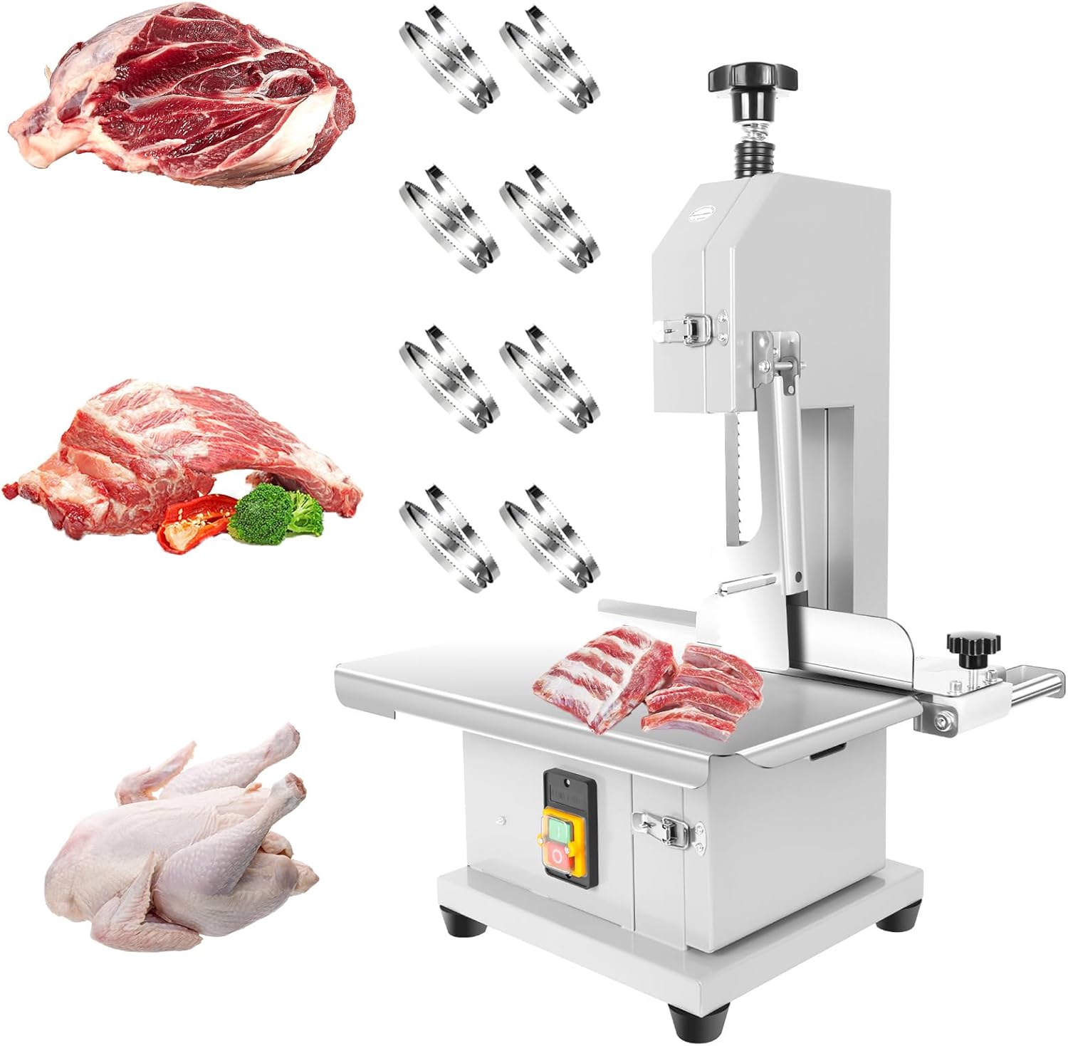 Commercial Bandsaw Machine, 1500W Electric Bone Saw Machine, 19x14" Stainless Steel Worktable, Cuts 0.04-5.0" Thickness, Frozen Meat Cutter for Rib Pork Beef Butchering