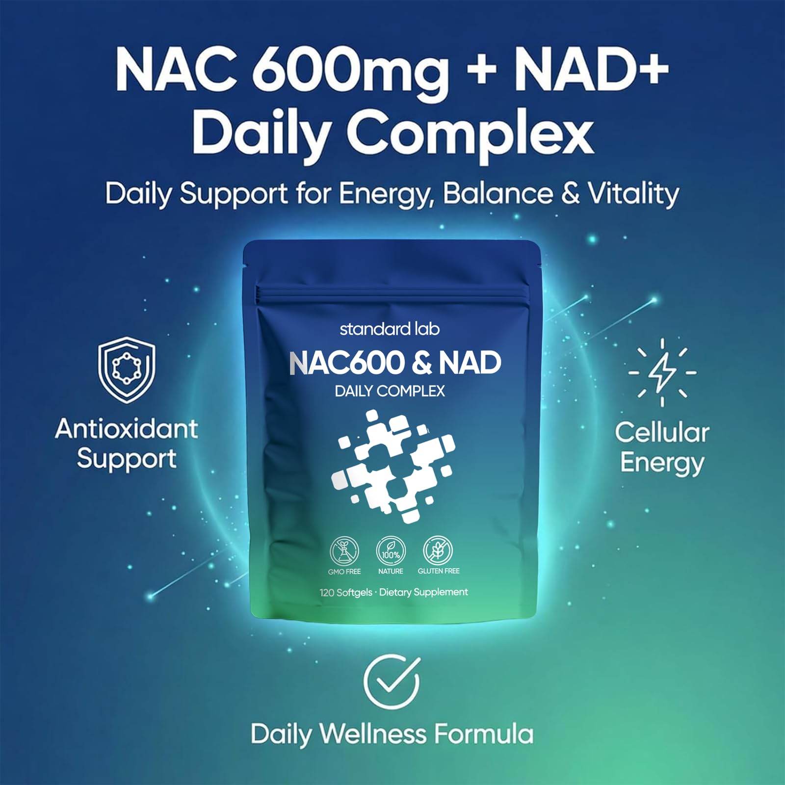 Standard Lab NAC 600mg & NAD+ Daily Complex Capsules, NAC Supplement with NAD for Antioxidant, Cellular Energy and Immune Support, Daily Wellness Formula, Non-GMO, Gluten Free, 120 Softgels — Amazon image 2