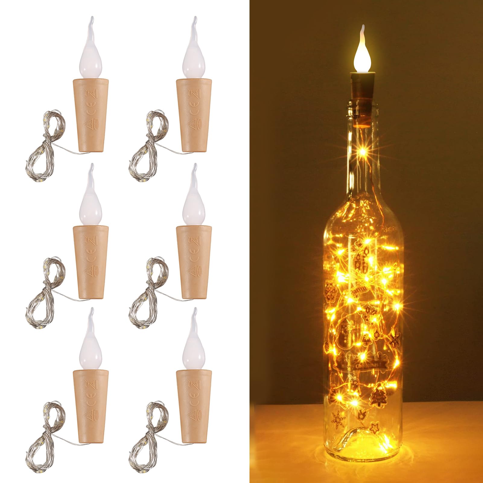 6 Stück Flaschenlichterkette Korken, 2M 20 LEDs Lichterkette für Flaschen, Korken Lichterkette weiß mit Flammenform, LED Flaschenlicht für DIY Flaschen, Party, Hochzeit, Halloween, Weihnachten Deko Beleuchtung