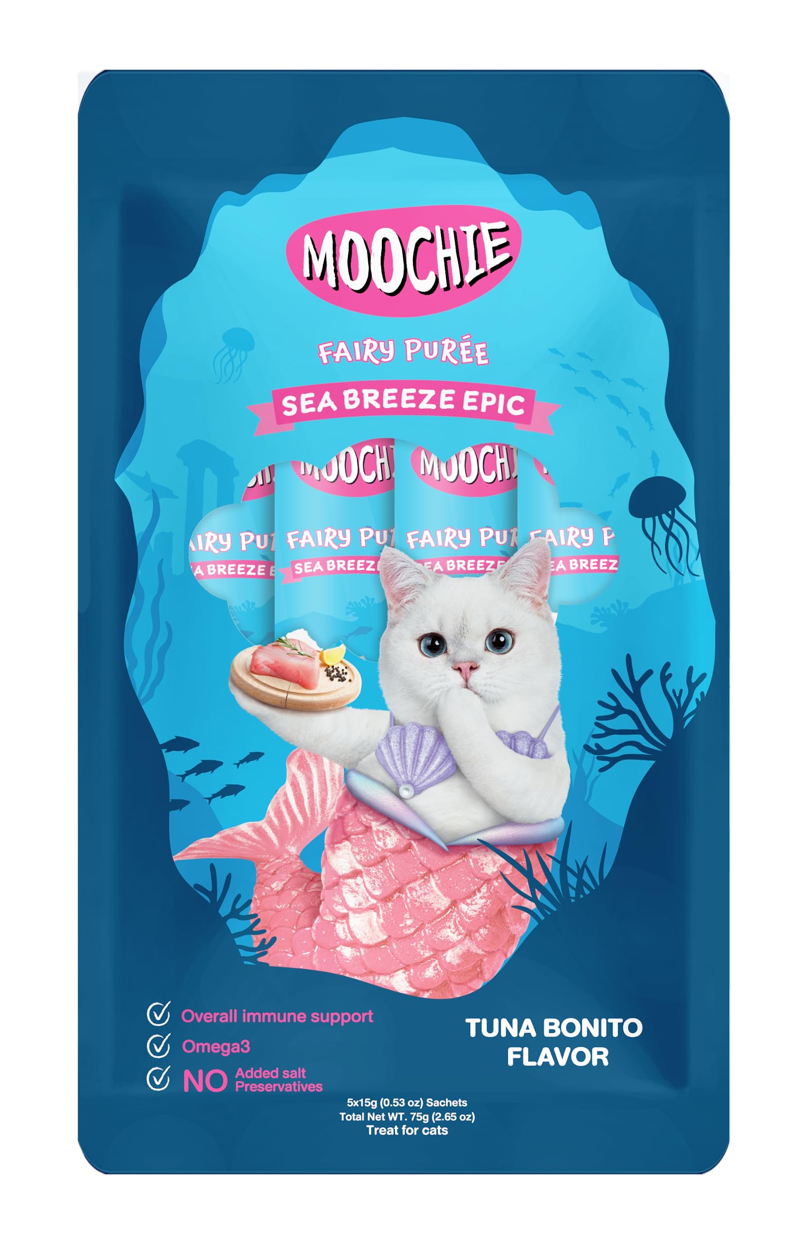 PETS EMPIRE Moochie Smooth Creamy Cat Treats Combo, Tuna Bonito Flavour Cream Sticks Treat, Yummy Lickable Kitty Snacks, Non-Vegetarian Kitten Snack Stick, No Added Salt for Cats & Kittens (15g X 10)