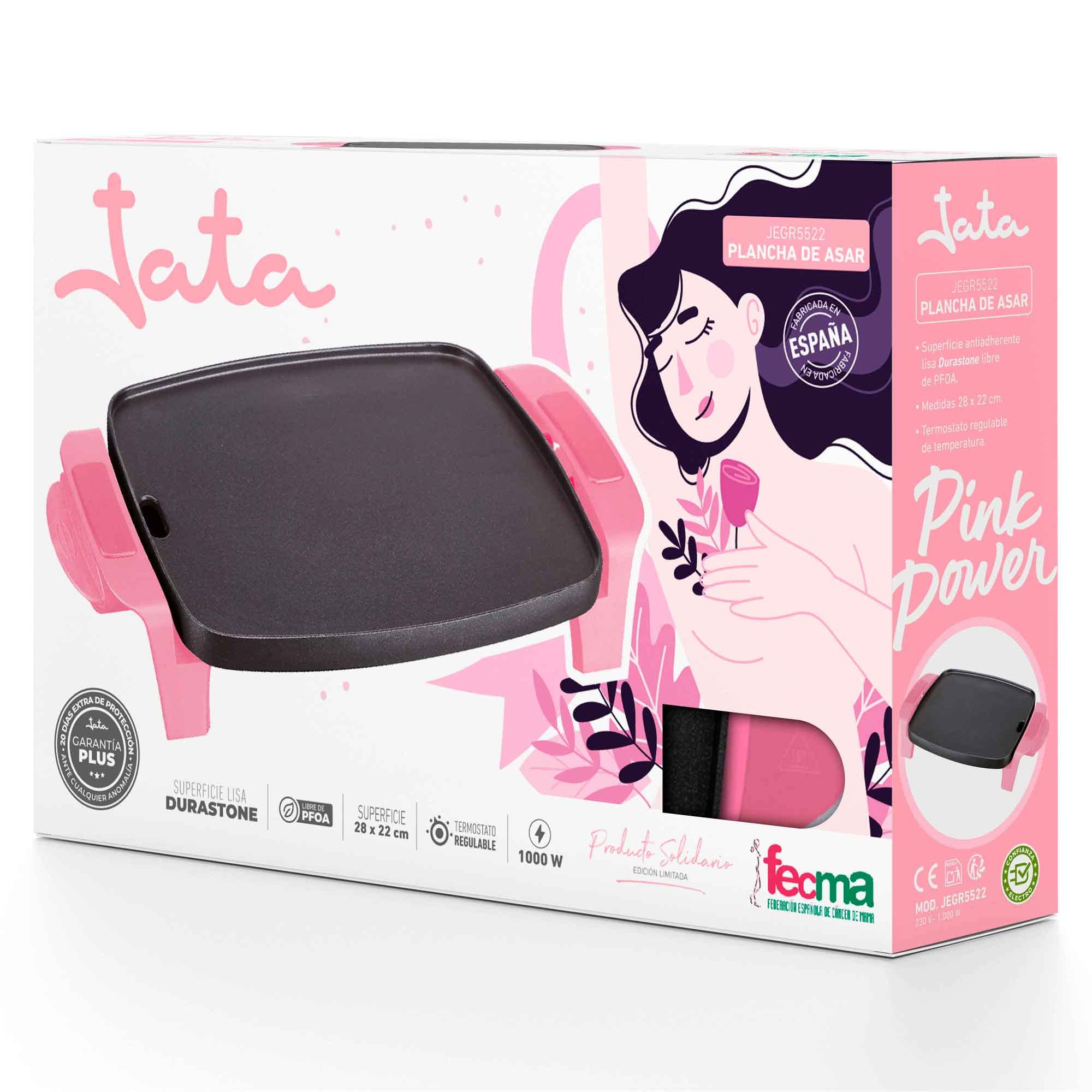 Jata JEGR5522 Plancha de Asar, Antiadherente, Resistente al rayado, 1000W, Medidas 28 x 22 cm, Fabricada en España, Fácil limpieza, Bandeja recogesalsas, Fines solidarios contra el Cáncer de Mama