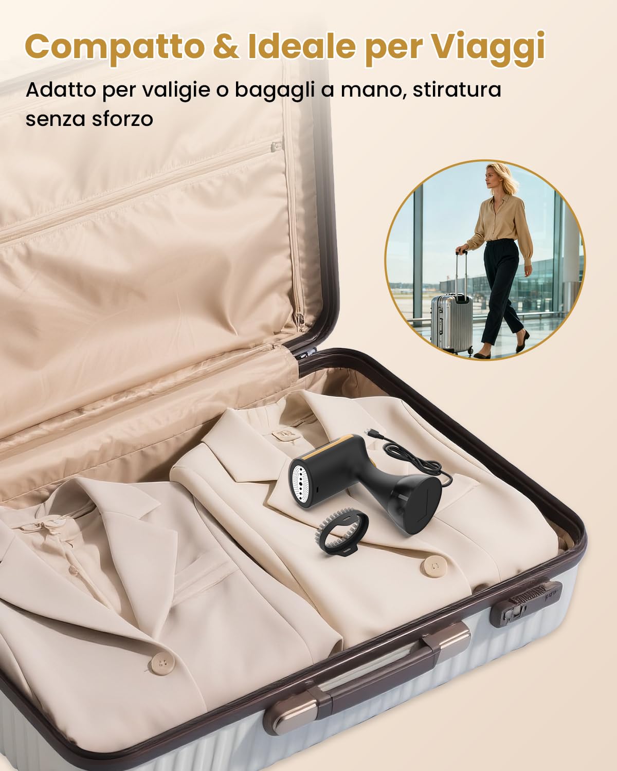 Stiriamo Vapore Viaggio, Serbatoio da 300 ml, 15 s Riscaldamento | 25 g/min, 1500 W, Ferro da Stiro a Vapore Portatile & Compatto – Leggero, per Casa & Ufficio, Spegnimento Automatico