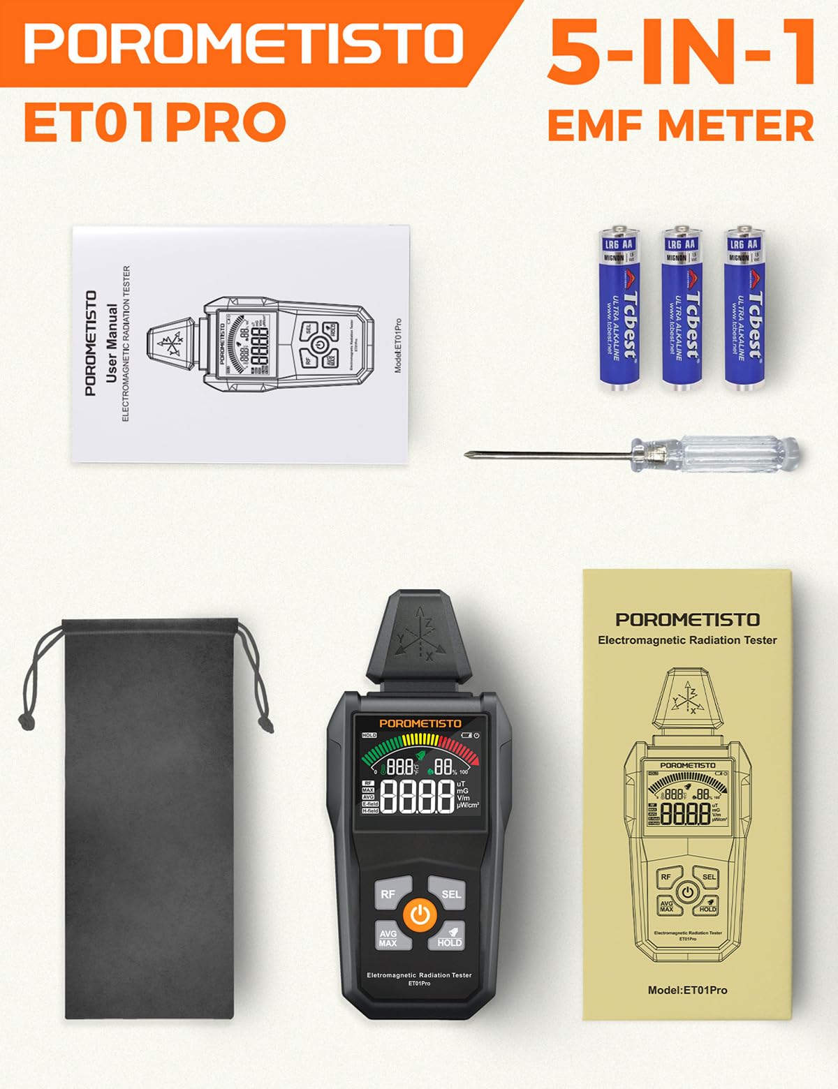 5 EN 1 Medidor EMF ET01PRO,POROMETISTO Detector De Radiación De Campo Electromagnético,Detector EF/MF/RF que Mide Temperatura y Humedad (30MHz-8GHz),Ideal para Casa, Ghost,CazaFantasmas