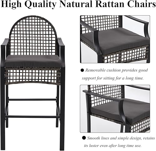 Miniatura 4 de Juego de taburete alto para exteriores con 2 sillas de bar, juegos de mesa de bar de patio de 3 piezas, juego de bar de mimbre para exteriores,